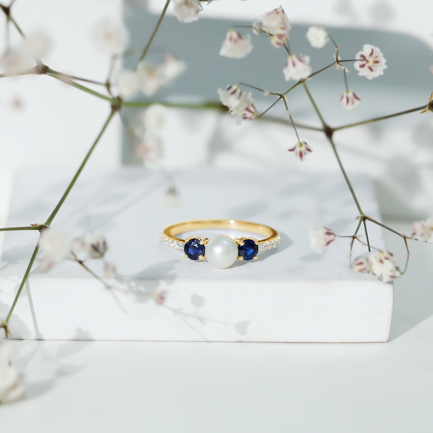 Natural Freshwater Pearl and Blue Sapphire 3 Stone Engagement Ring with Diamond