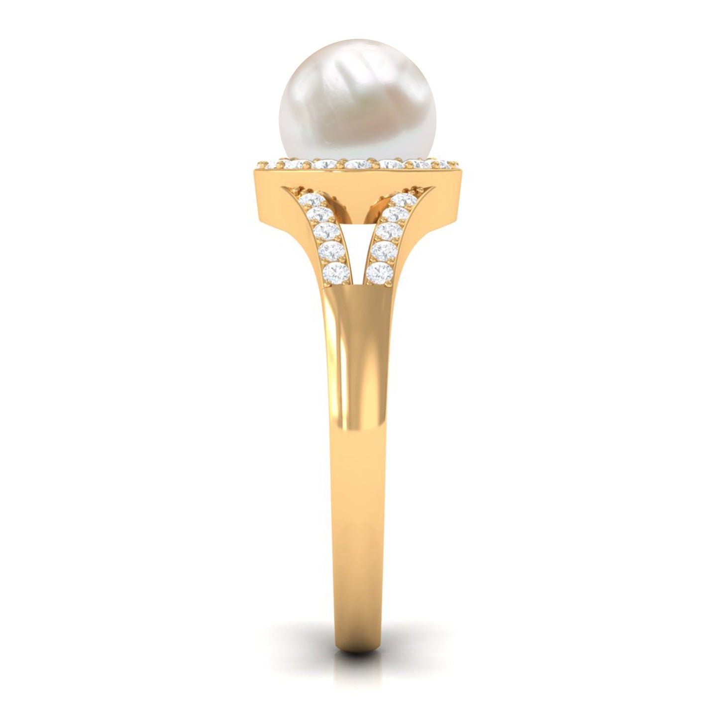 Split Shank Freshwater Pearl Engagement Ring with Diamond Halo