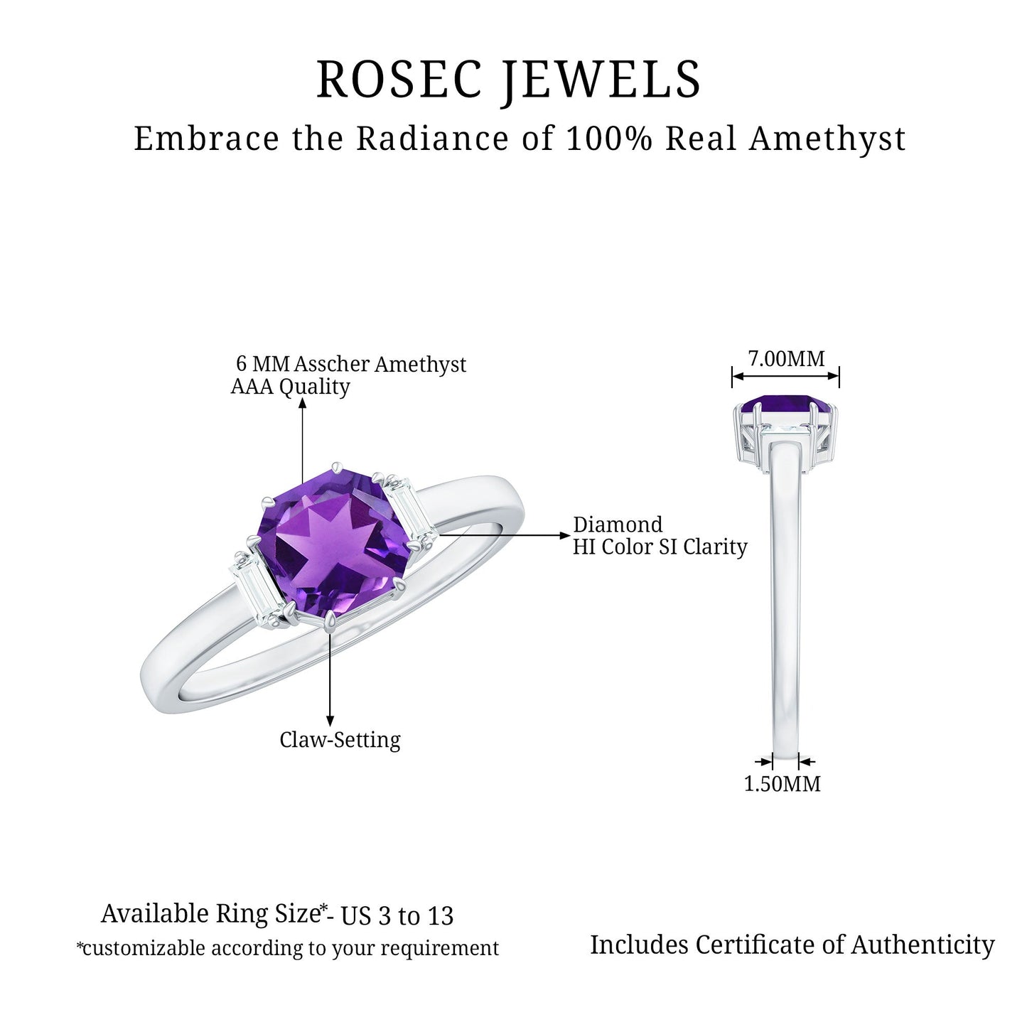 Natural 1.3 Carat Amethyst Asscher Cut Engagement Ring with Diamond