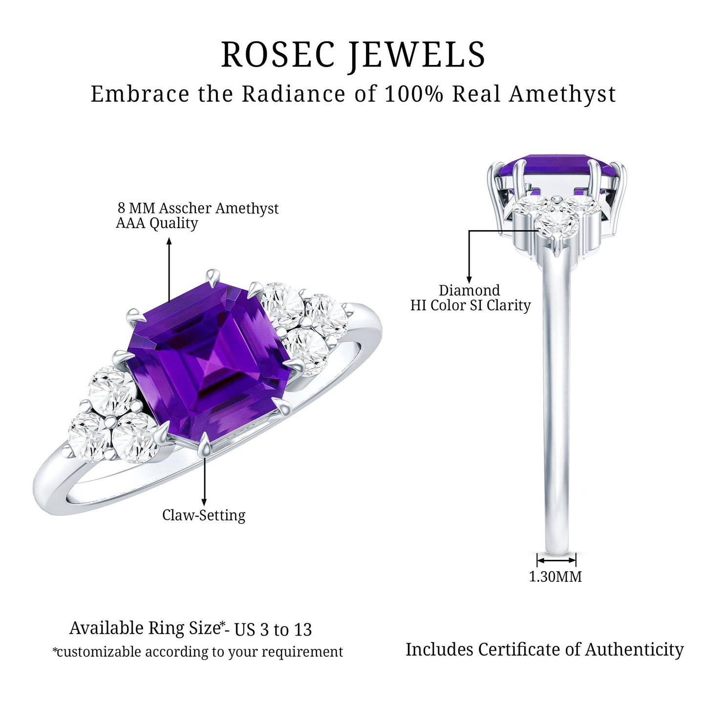 3 Carat Amethyst Asscher Cut Engagement Ring with Diamond Trio