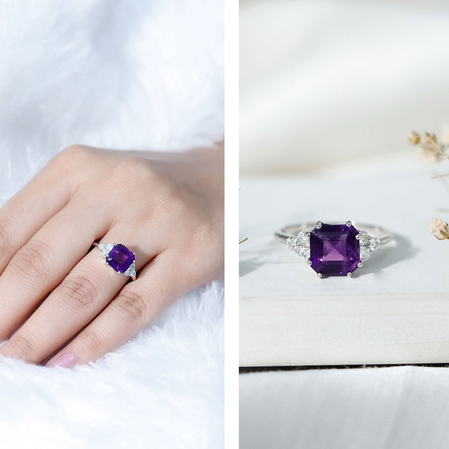 3 Carat Amethyst Asscher Cut Engagement Ring with Diamond Trio