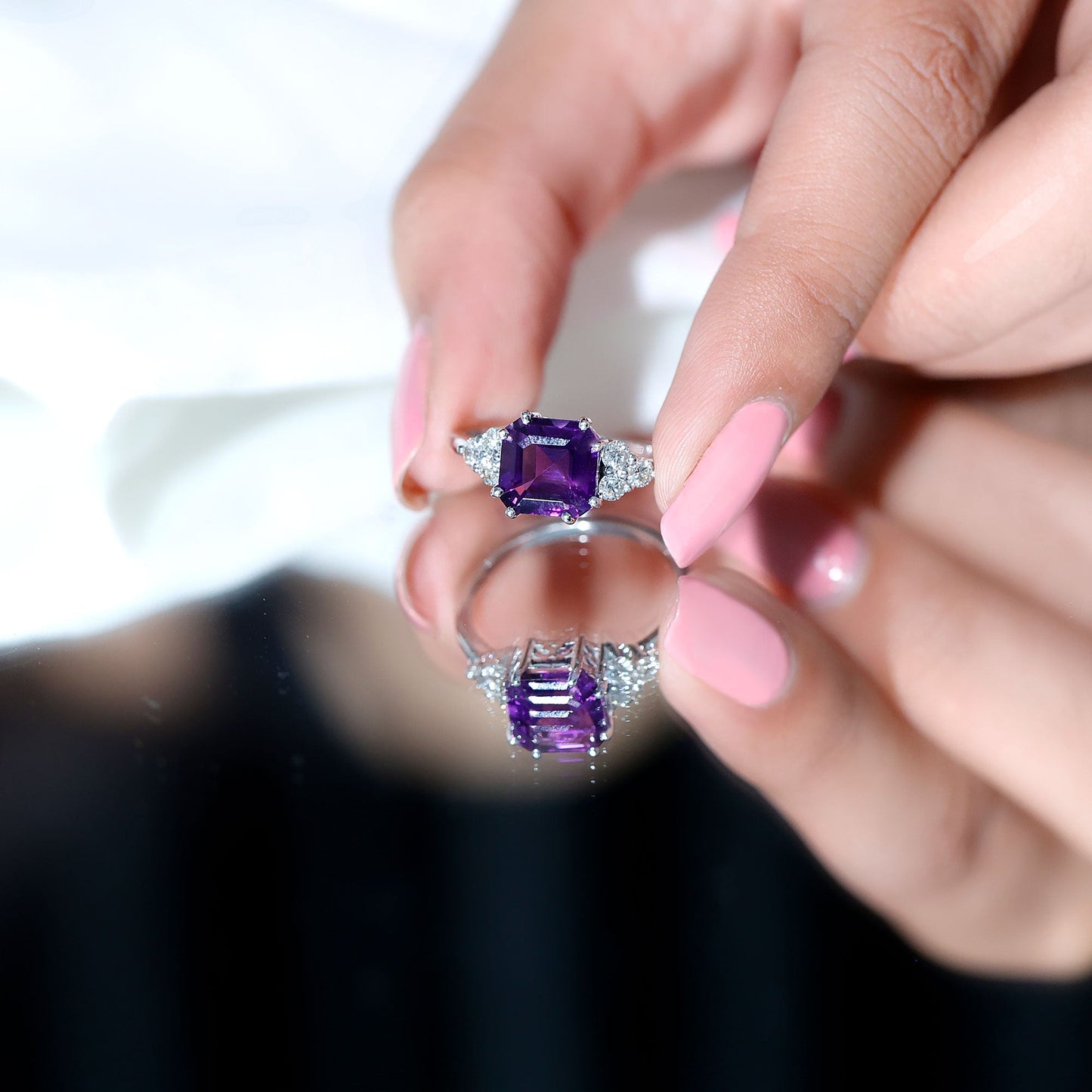 3 Carat Amethyst Asscher Cut Engagement Ring with Diamond Trio
