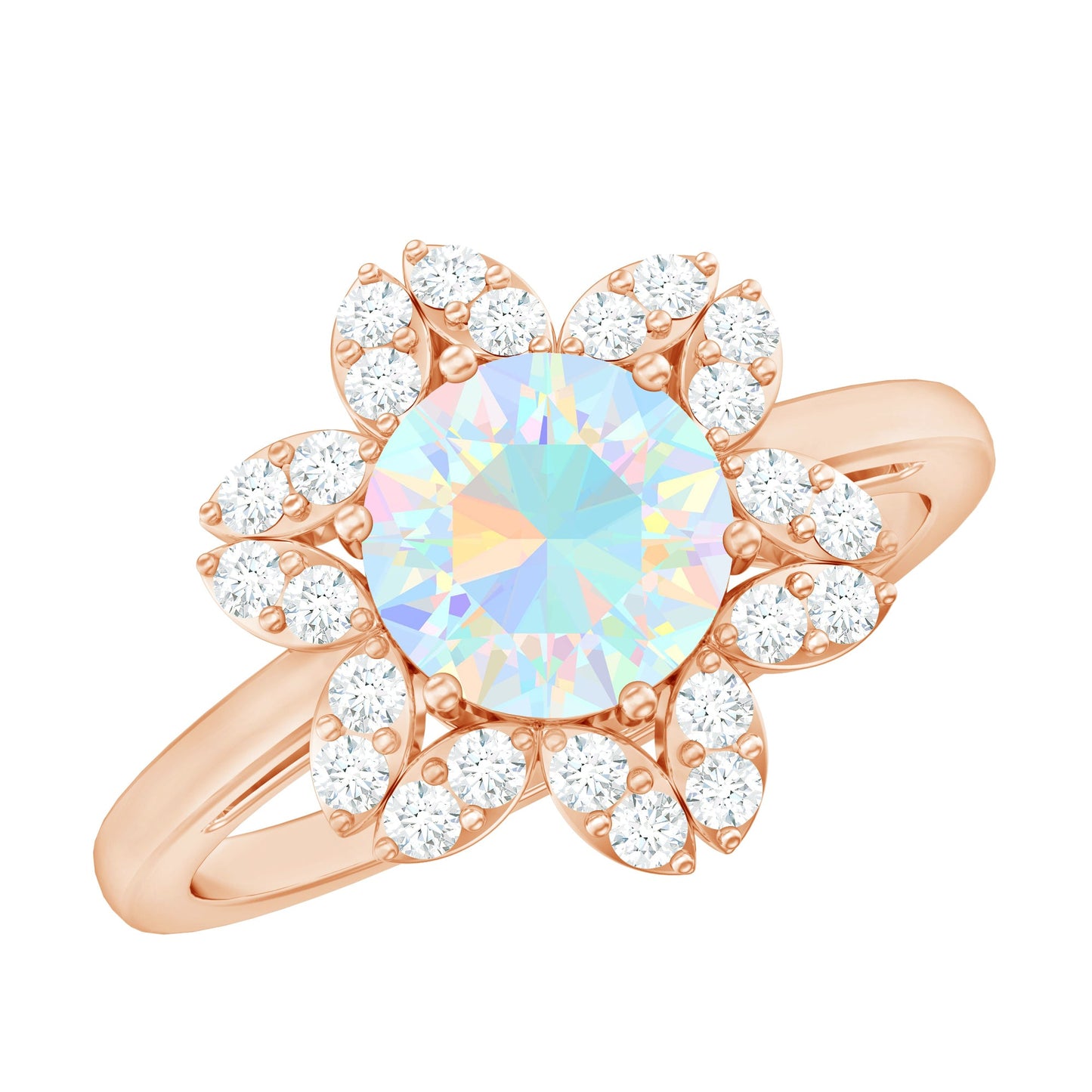 2 Carat Round Shape Ethiopian Opal Floral Engagement Ring with Diamond