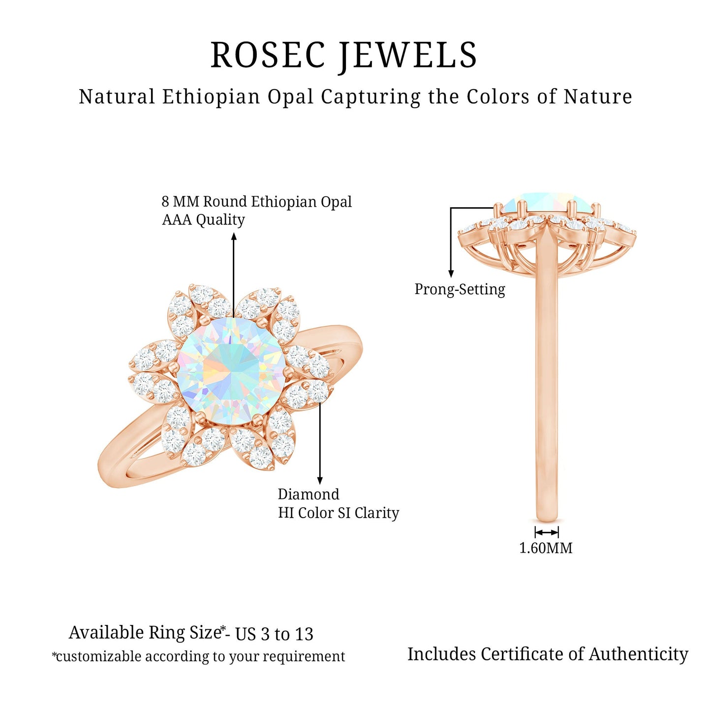 2 Carat Round Shape Ethiopian Opal Floral Engagement Ring with Diamond