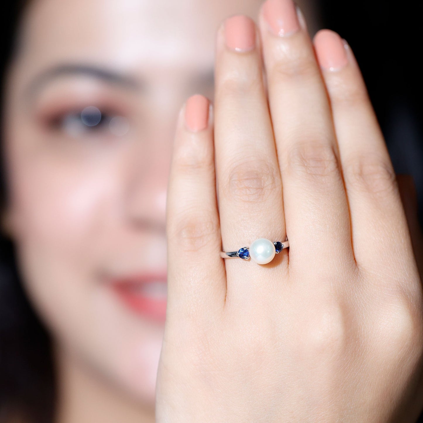 Cultured Freshwater Pearl Engagement Ring with Blue Sapphire