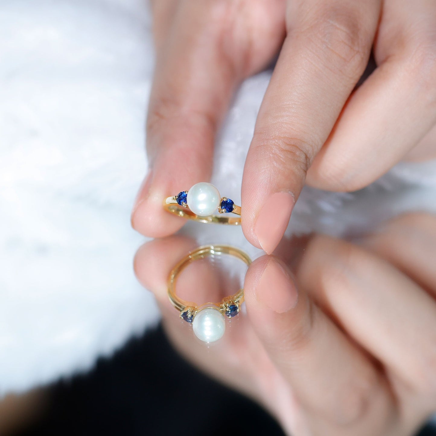 Cultured Freshwater Pearl Engagement Ring with Blue Sapphire