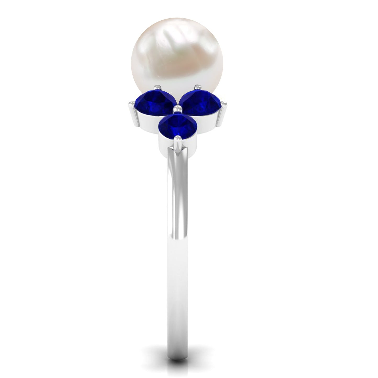 Natural 7.4 Carat Freshwater Pearl Engagement Ring with Blue Sapphire Trio