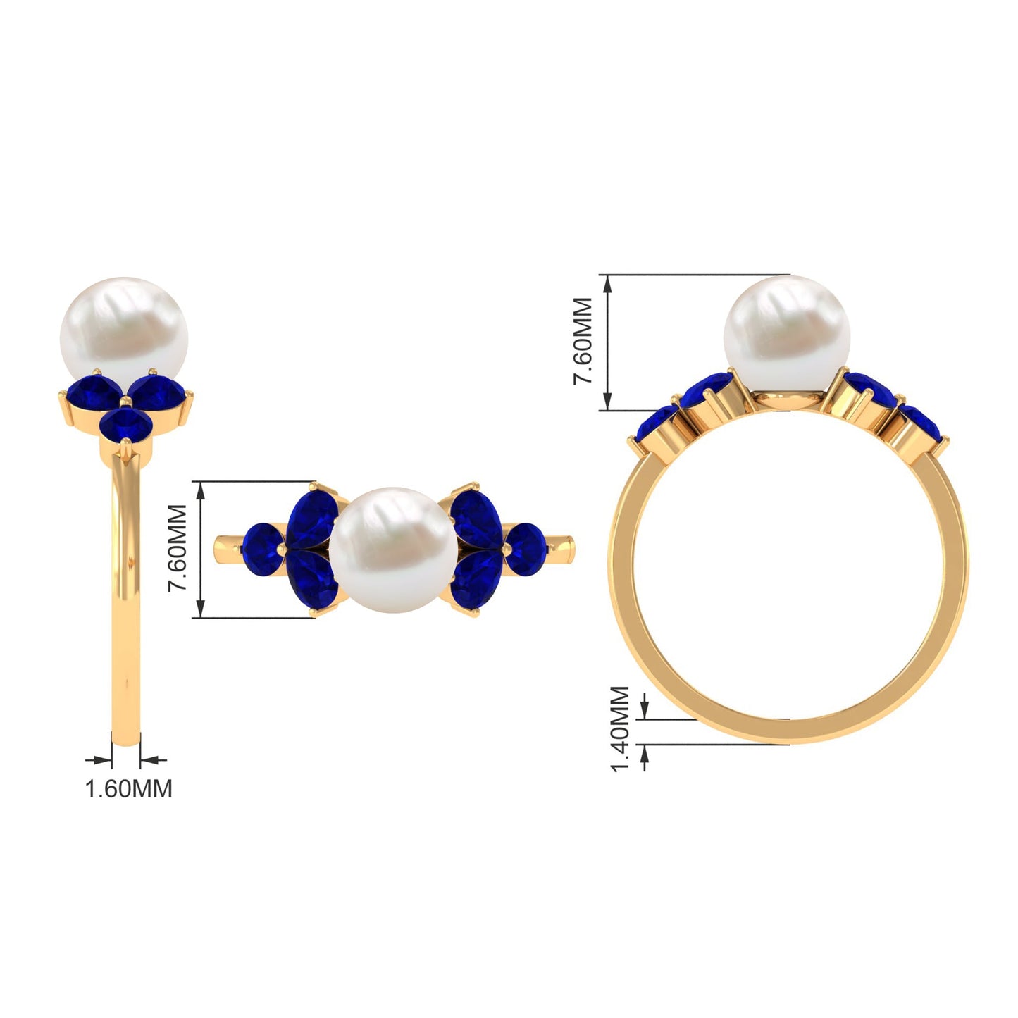 Natural 7.4 Carat Freshwater Pearl Engagement Ring with Blue Sapphire Trio
