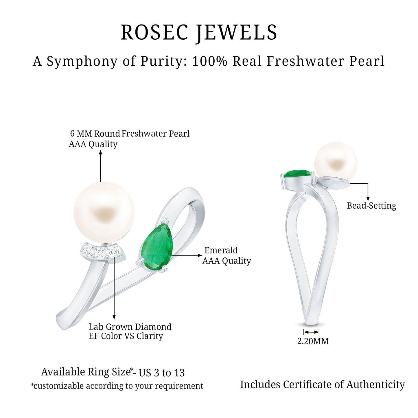 Cultured Freshwater Pearl and Emerald Toi Et Moi Promise Ring