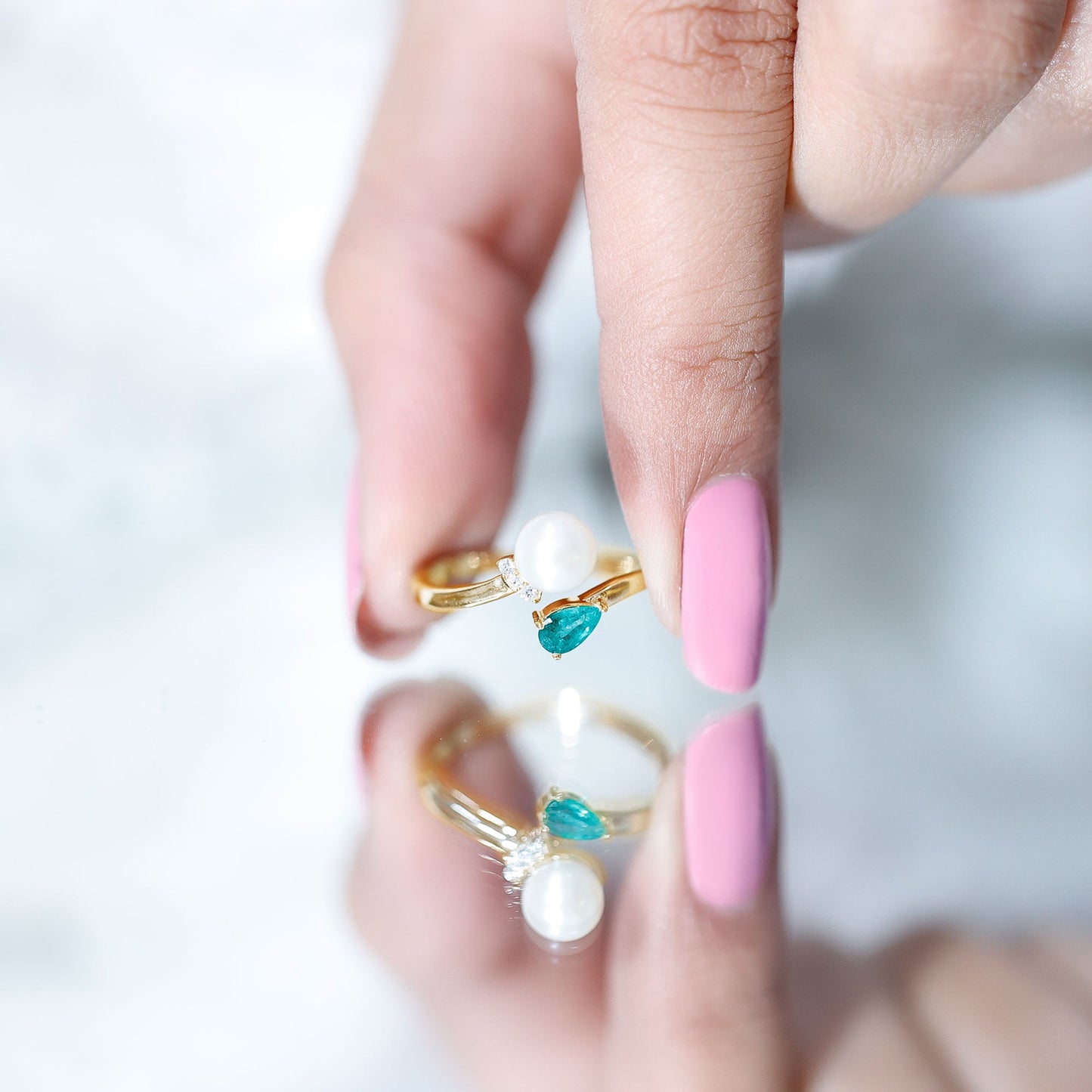 Cultured Freshwater Pearl and Emerald Toi Et Moi Promise Ring