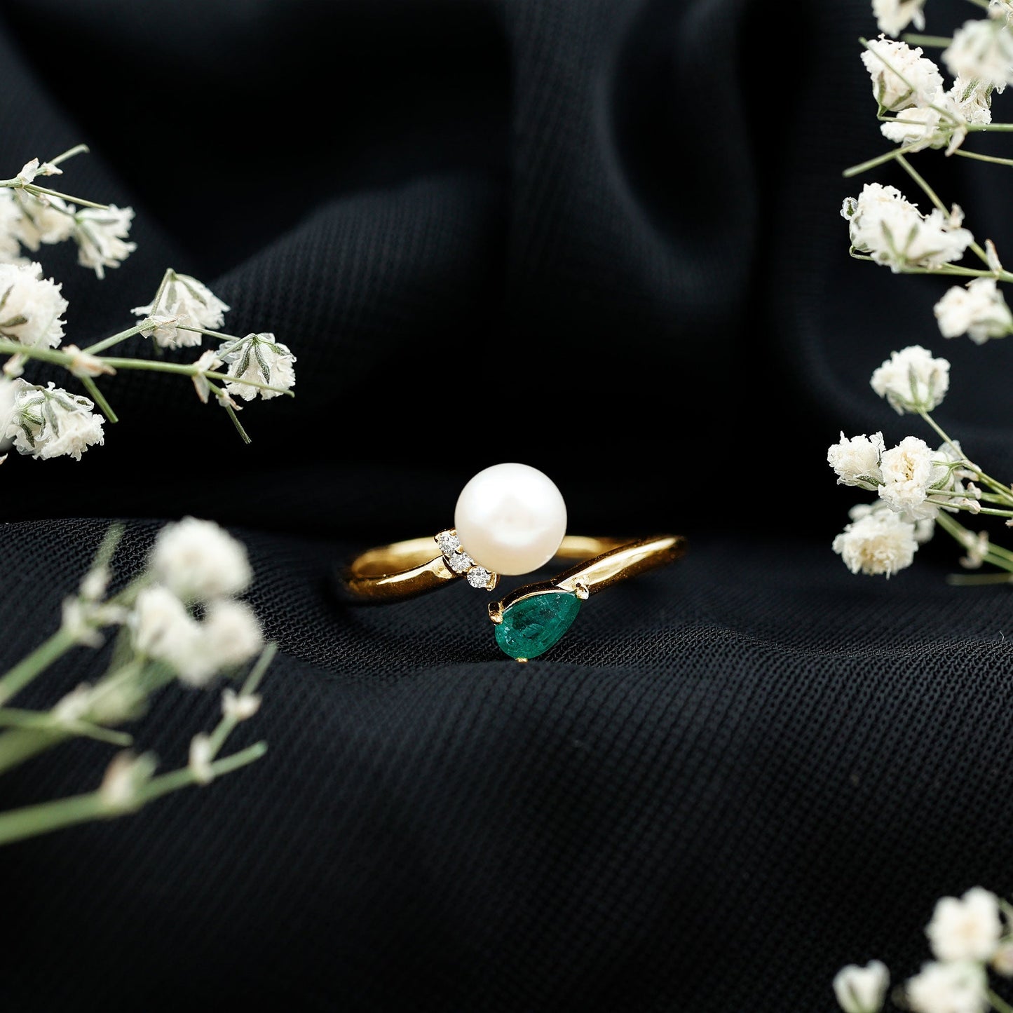 Cultured Freshwater Pearl and Emerald Toi Et Moi Promise Ring