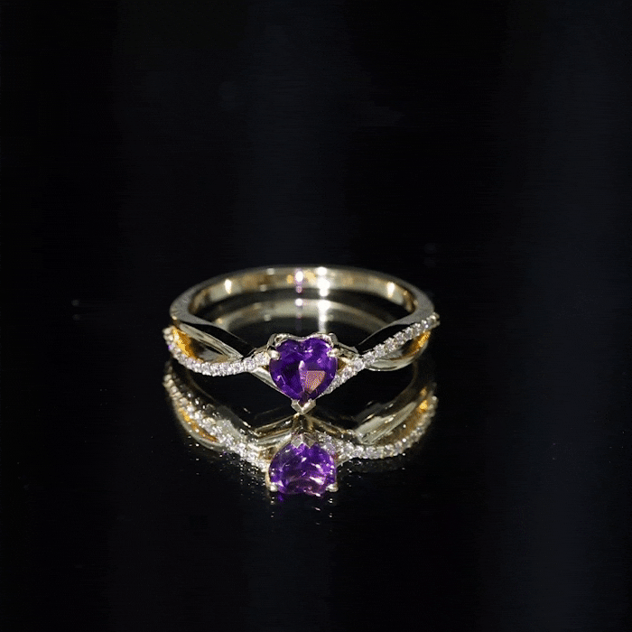Genuine 0.9 Carat Amethyst Heart Engagement Ring with Diamond Crossover Shank
