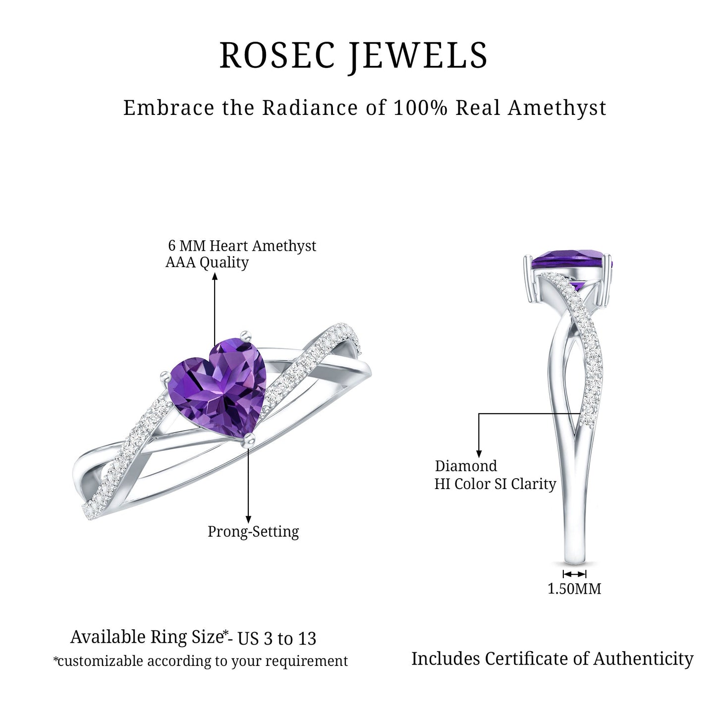 Genuine 0.9 Carat Amethyst Heart Engagement Ring with Diamond Crossover Shank