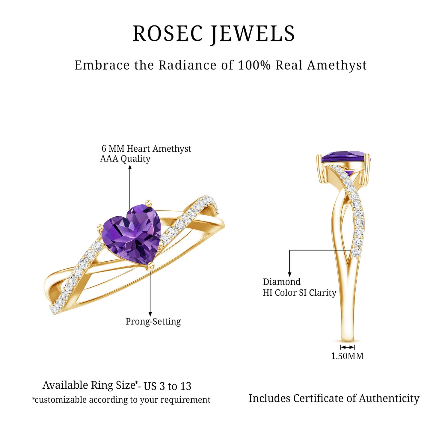 Genuine 0.9 Carat Amethyst Heart Engagement Ring with Diamond Crossover Shank