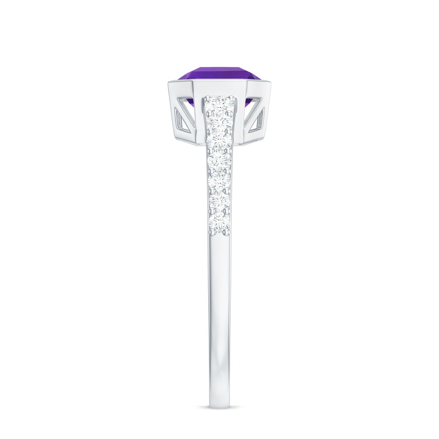 Bezel Asscher Amethyst Solitaire Ring with Diamond Side Stones