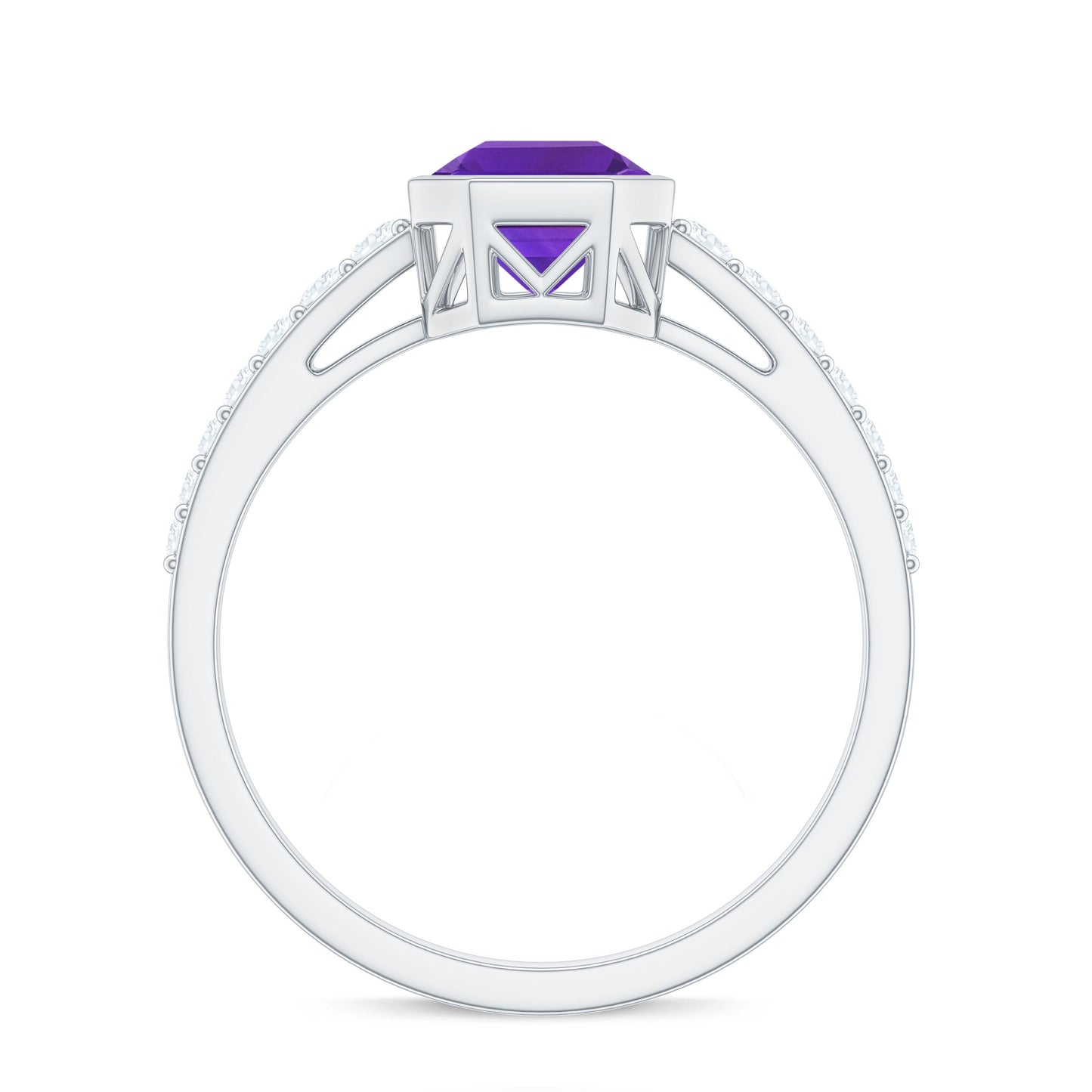 Bezel Asscher Amethyst Solitaire Ring with Diamond Side Stones