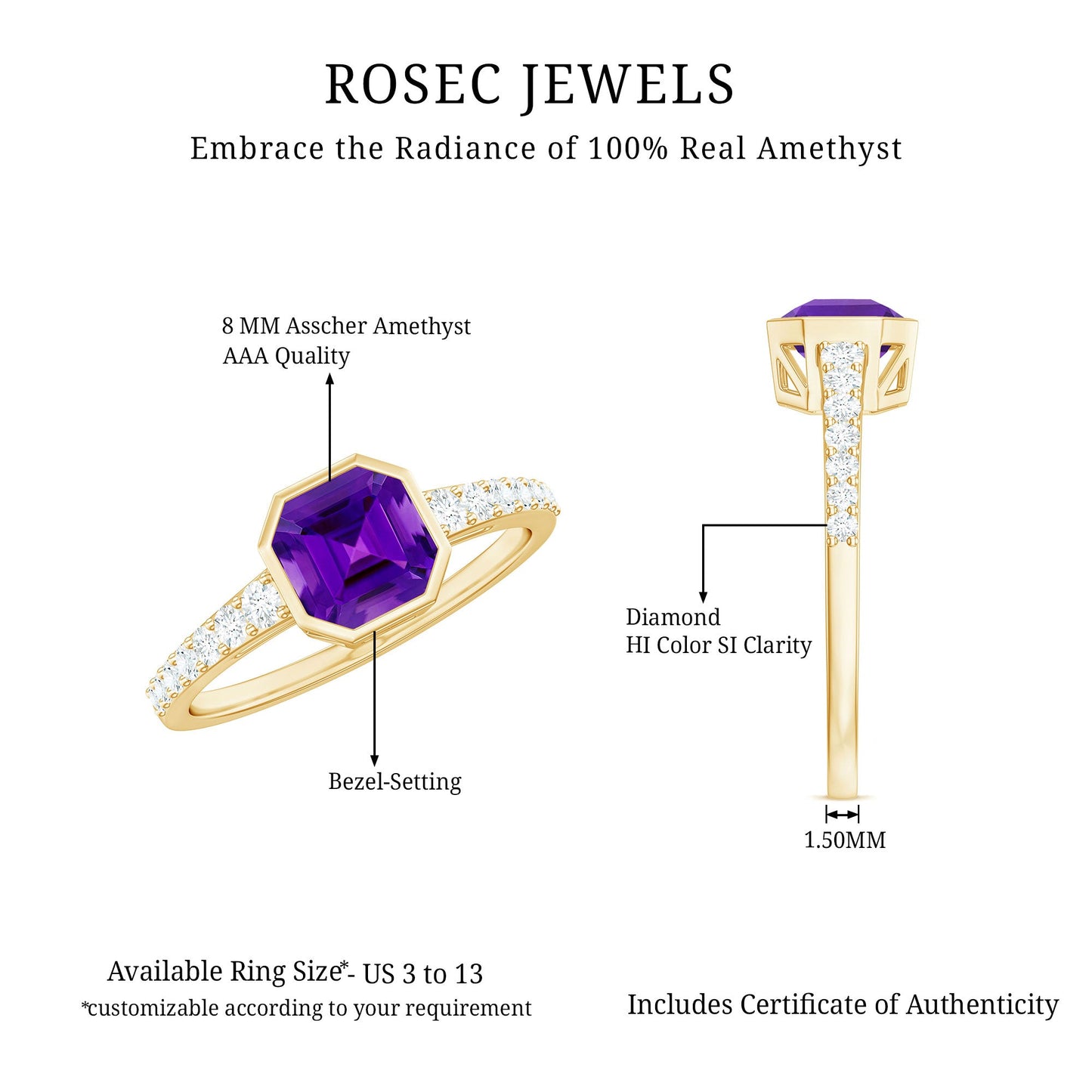 Bezel Asscher Amethyst Solitaire Ring with Diamond Side Stones
