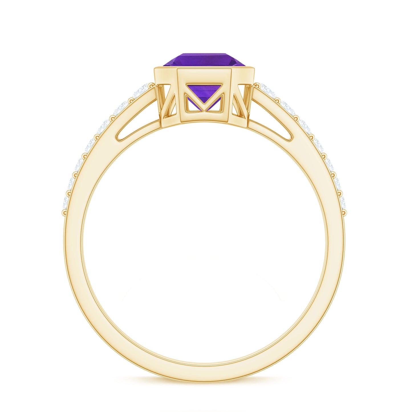 Bezel Asscher Amethyst Solitaire Ring with Diamond Side Stones