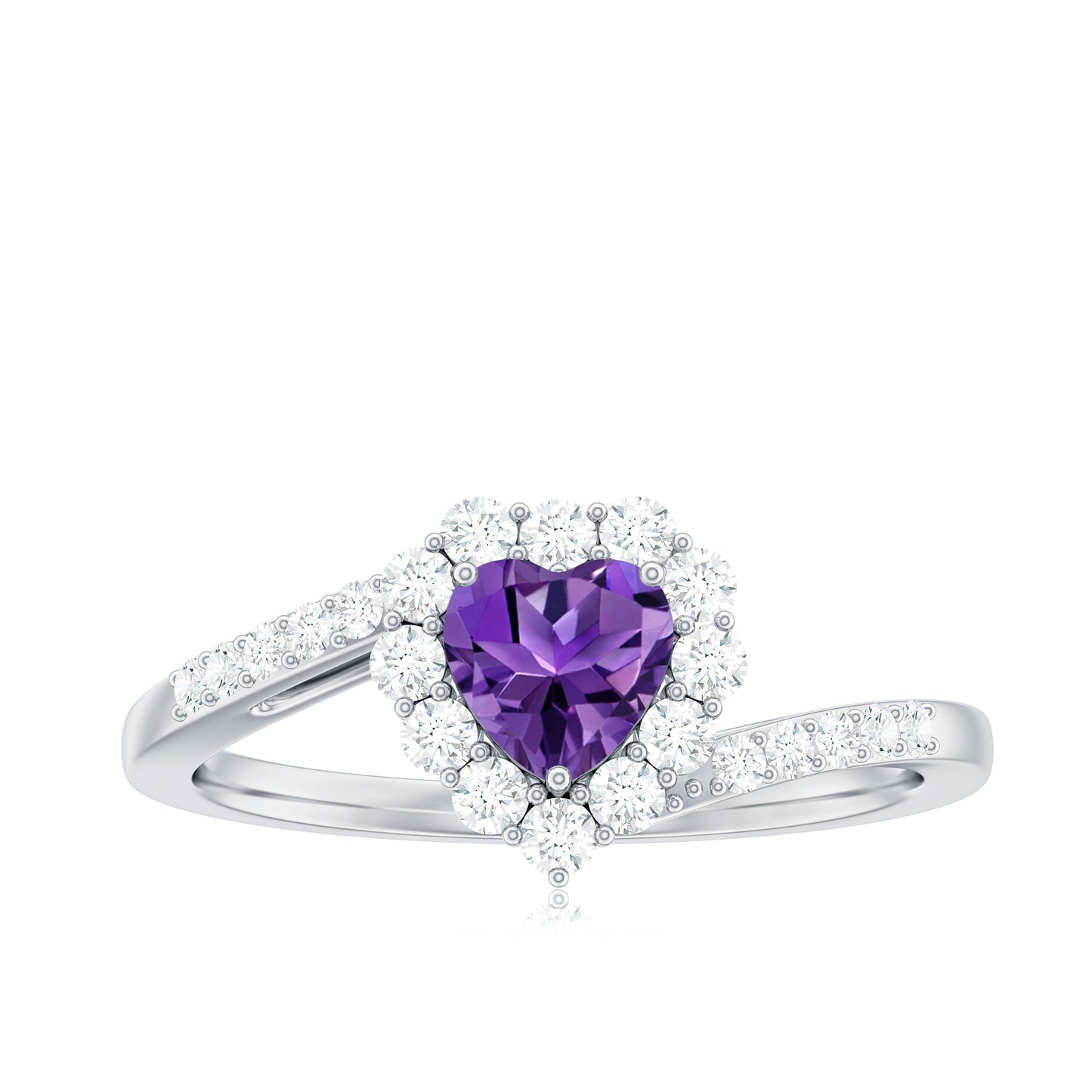 Real 0.9 Carat Amethyst Heart Engagement Ring with Diamond Halo