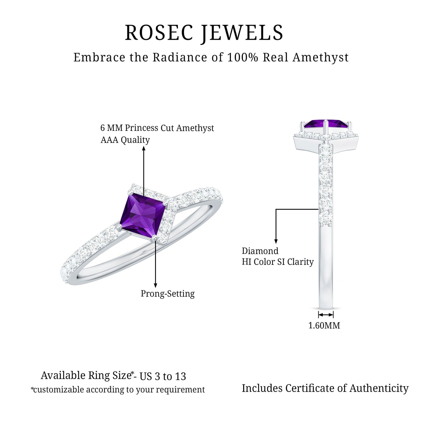 Certified Real 1.2 Carat Amethyst Princess Cut Engagement Ring with Diamond