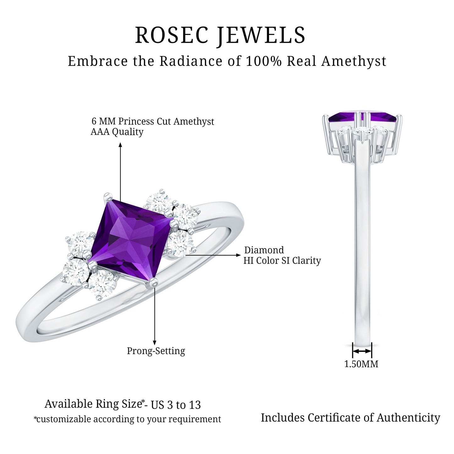 Princess Cut Amethyst Promise Ring with Diamond Trio