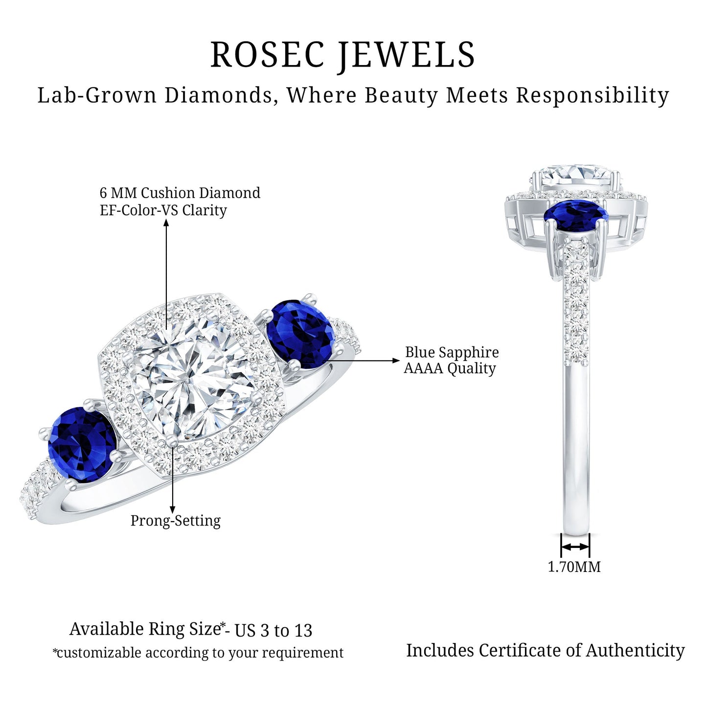 Certified 1.7 Carat Cushion Cut Lab Grown Diamond Engagement Ring with Blue Sapphire