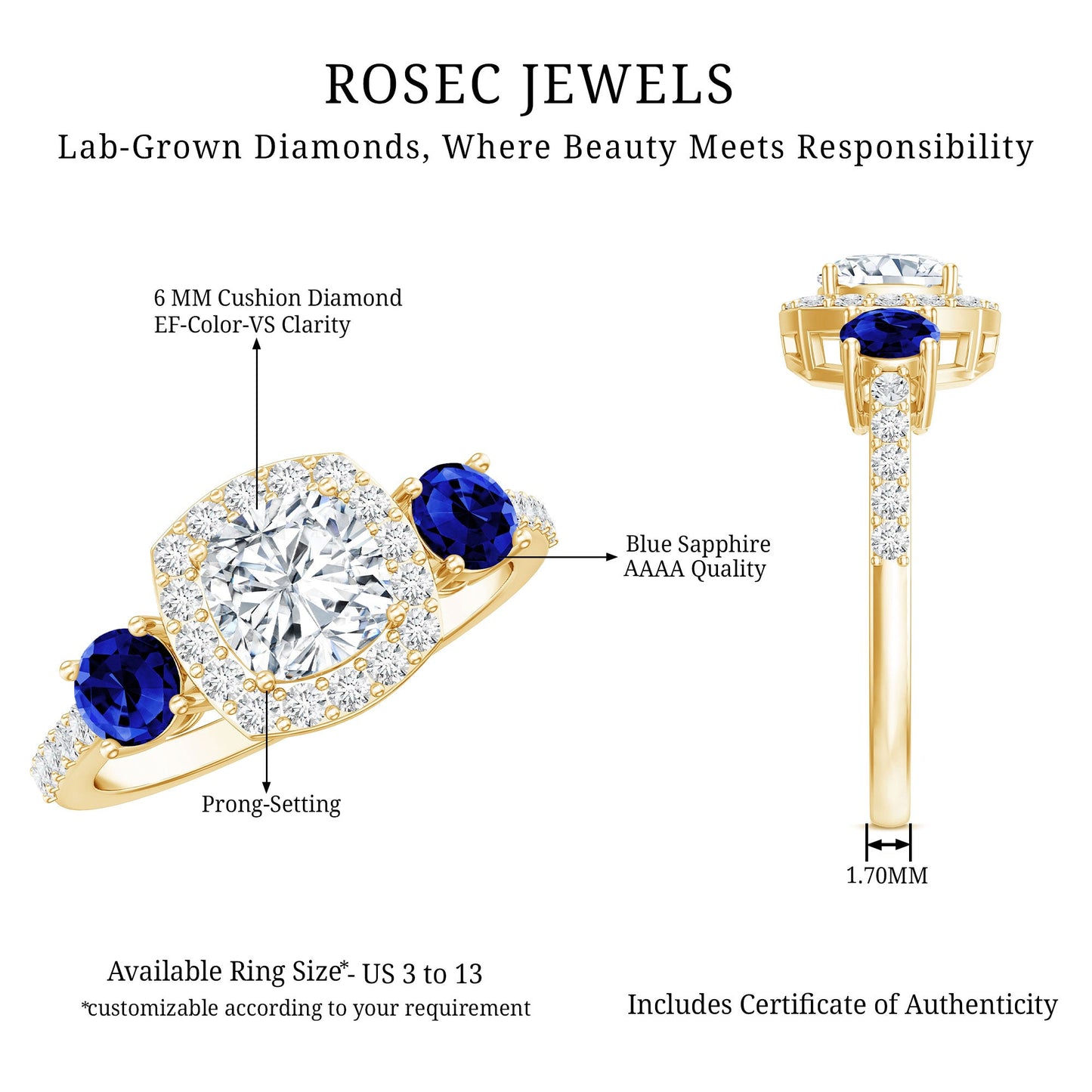 Certified 1.7 Carat Cushion Cut Lab Grown Diamond Engagement Ring with Blue Sapphire