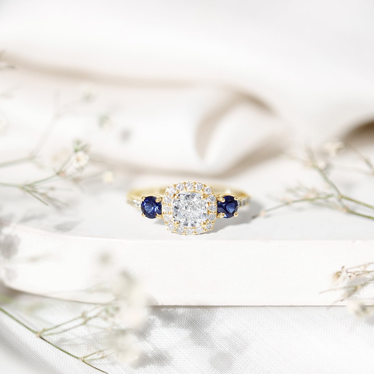 Certified 1.7 Carat Cushion Cut Lab Grown Diamond Engagement Ring with Blue Sapphire