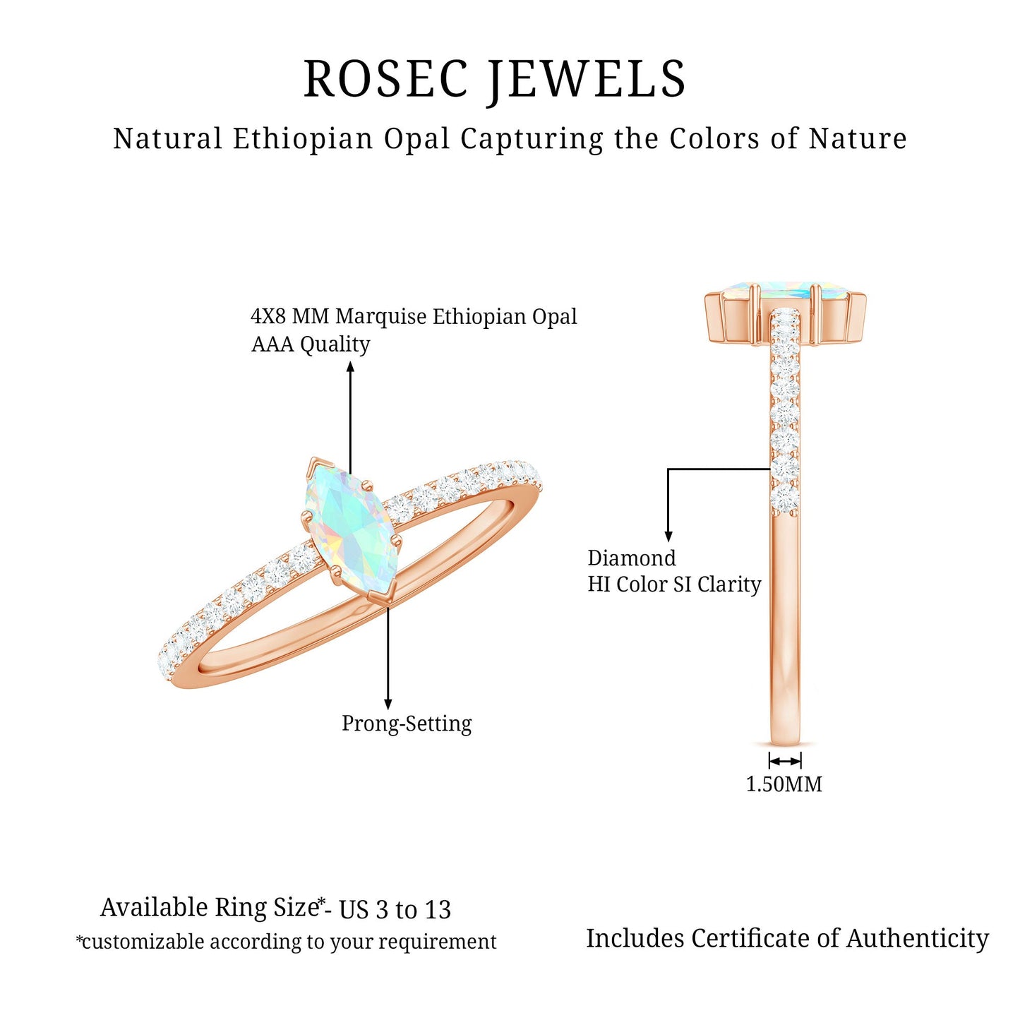 Certified Real Marquise Ethiopian Opal Promise Ring with Diamond