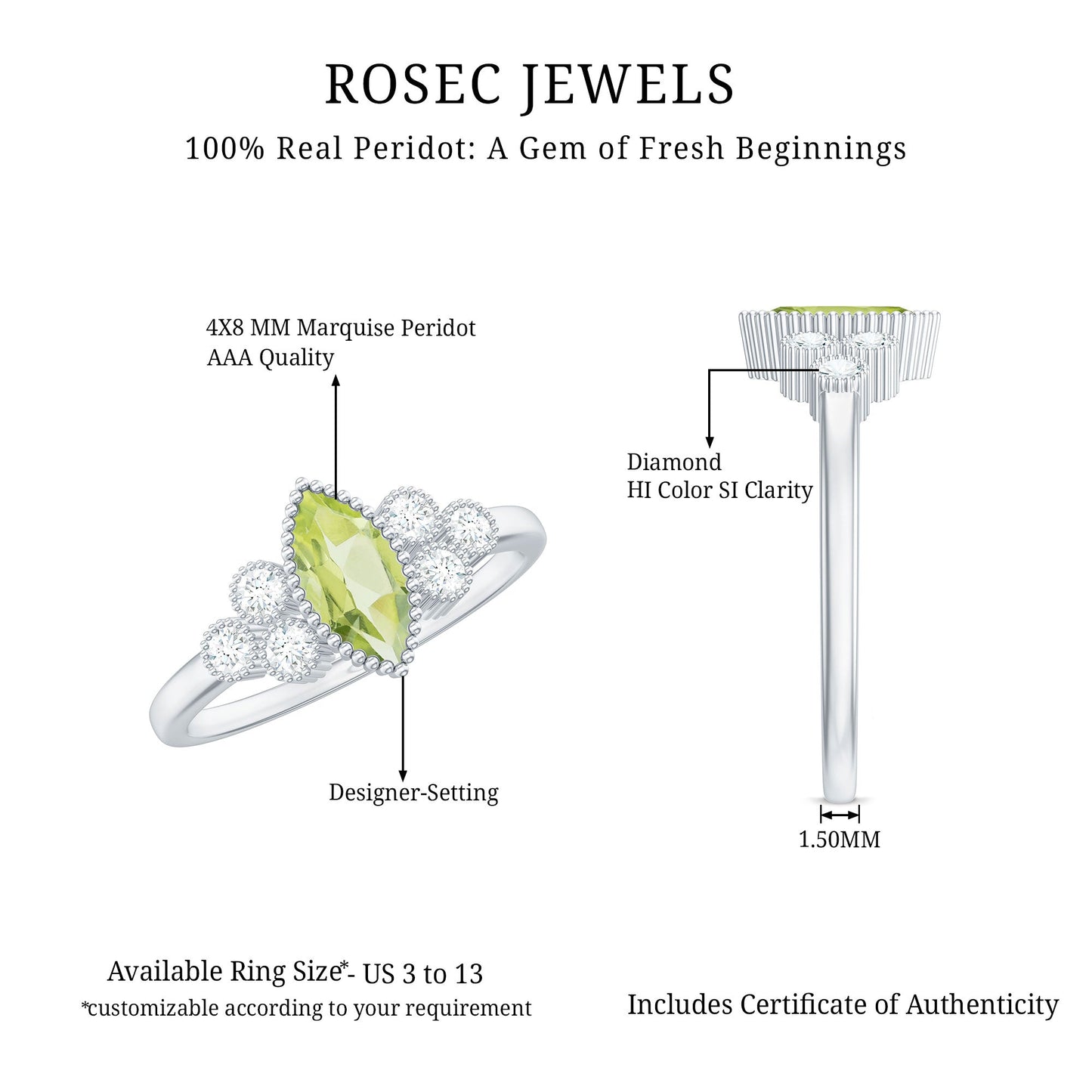 Natural 0.7 Carat Marquise Shape Peridot Engagement Ring with Diamond