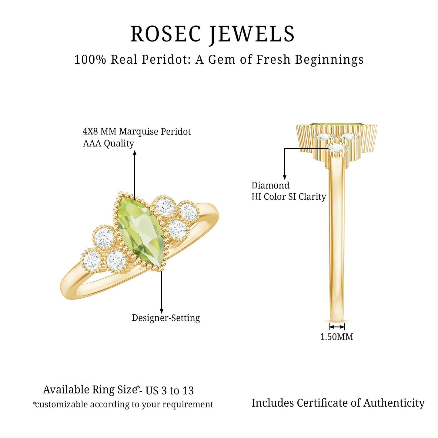Natural 0.7 Carat Marquise Shape Peridot Engagement Ring with Diamond