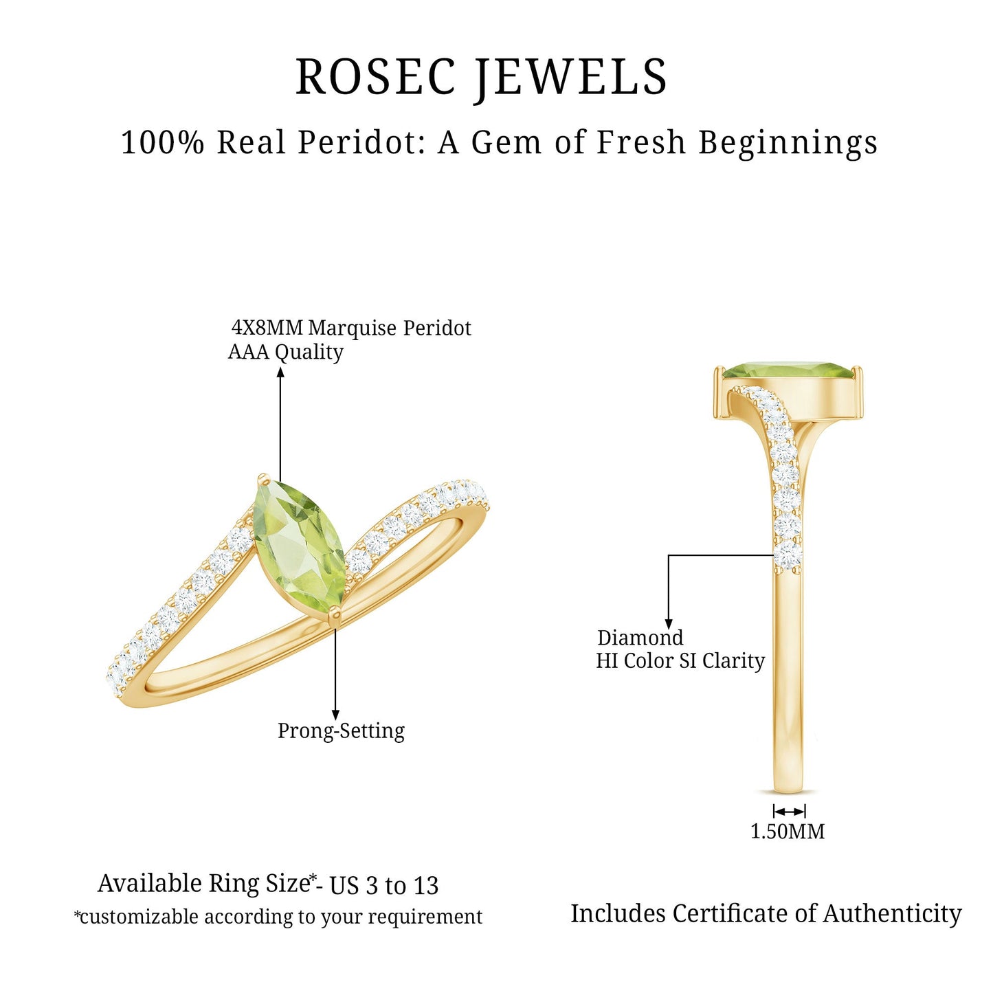 Real 0.7 Carat Peridot Marquise Promise Ring with Diamond Bypass Shank
