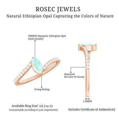 Natural Marquise Ethiopian Opal Diamond Promise Ring with Bypass Shank