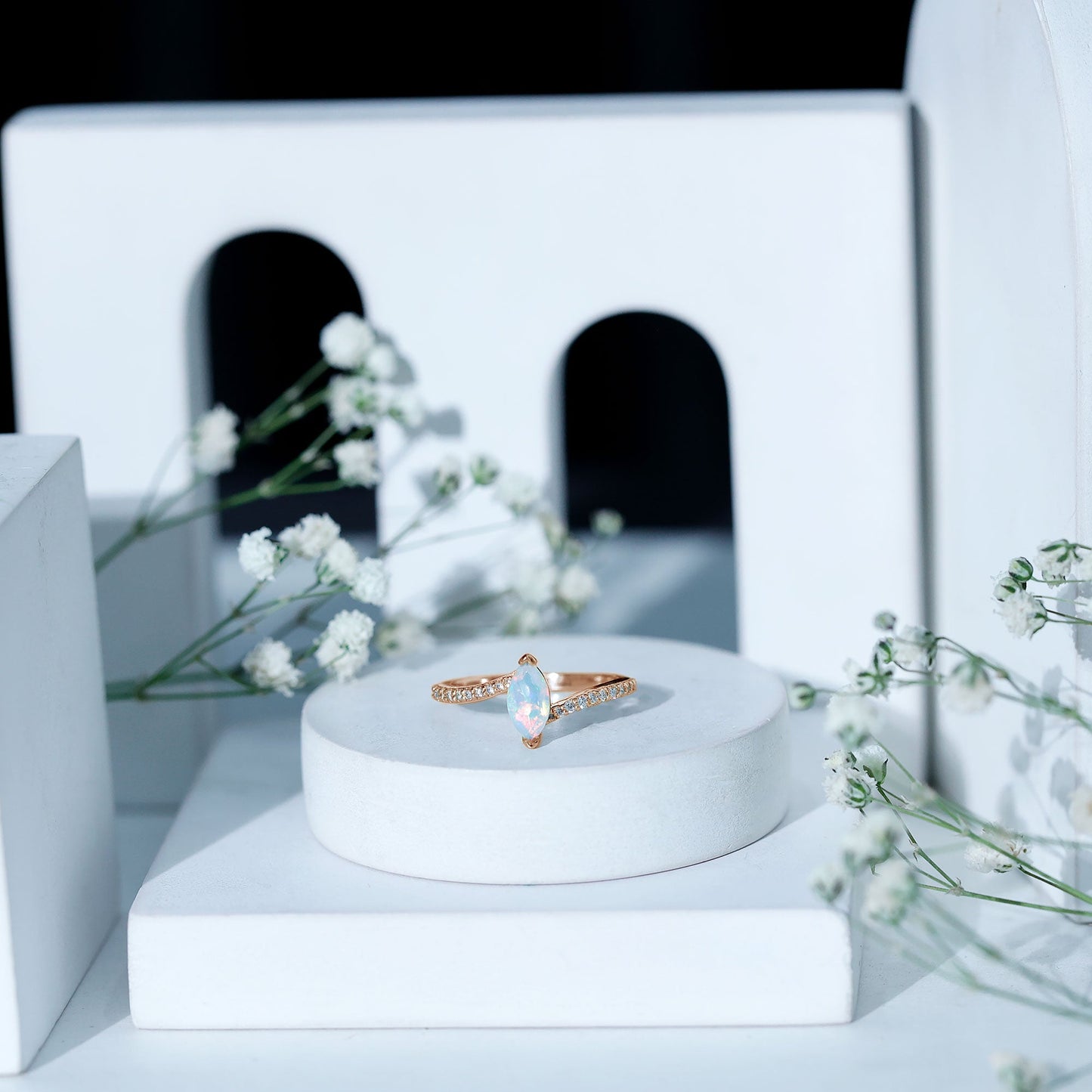 Natural Marquise Ethiopian Opal Diamond Promise Ring with Bypass Shank