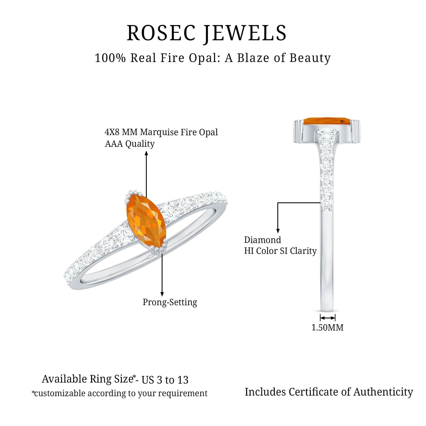 0.3 Carat Marquise Fire Opal Engagement Ring with Diamond
