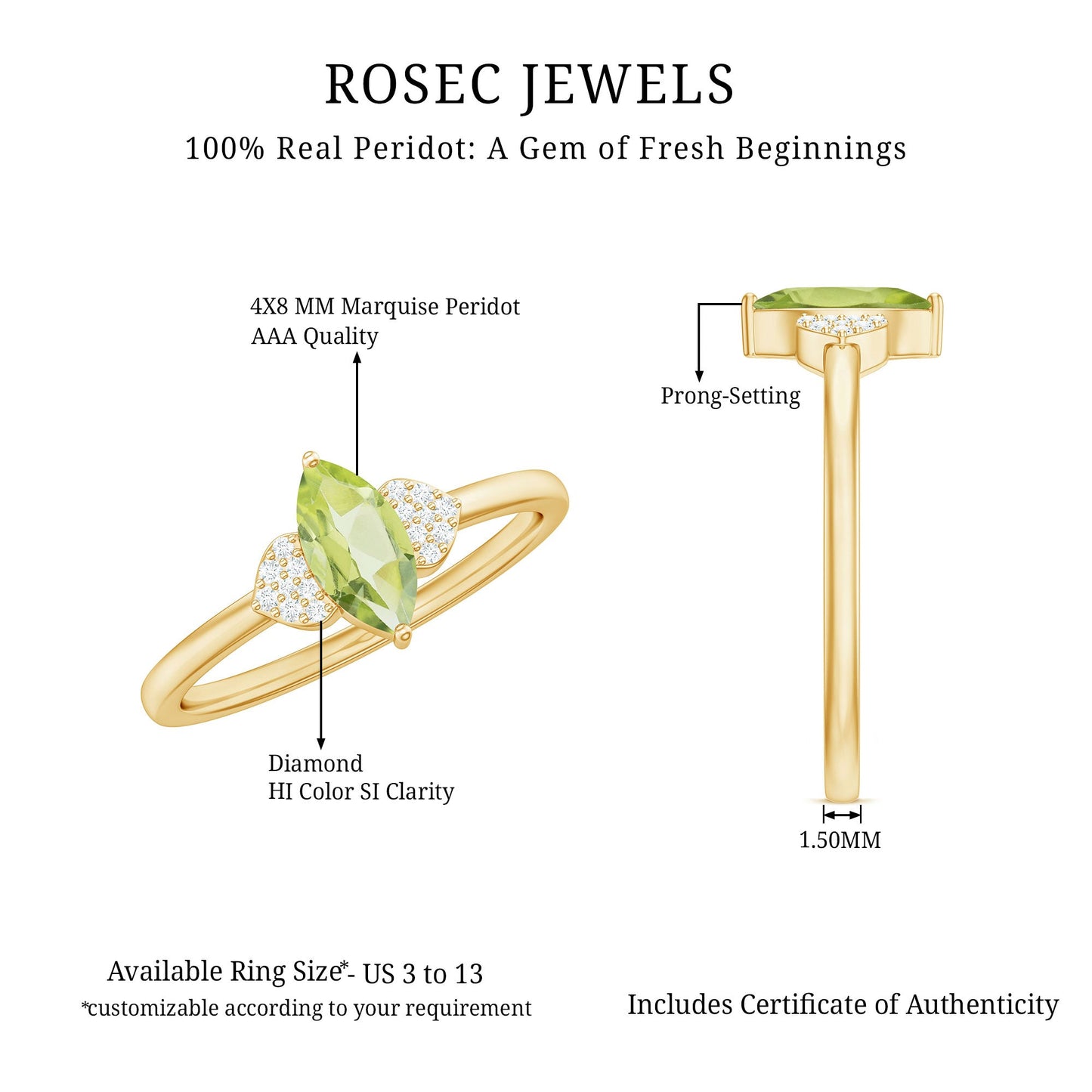 Natural 0.7 Carat Marquise Peridot Promise Ring with Diamond
