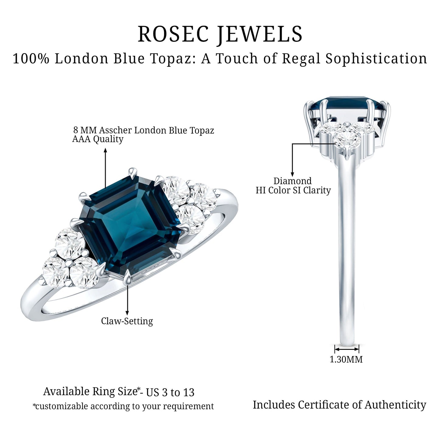 Asscher Cut London Blue Topaz Solitaire Engagement Ring with Diamond Trio