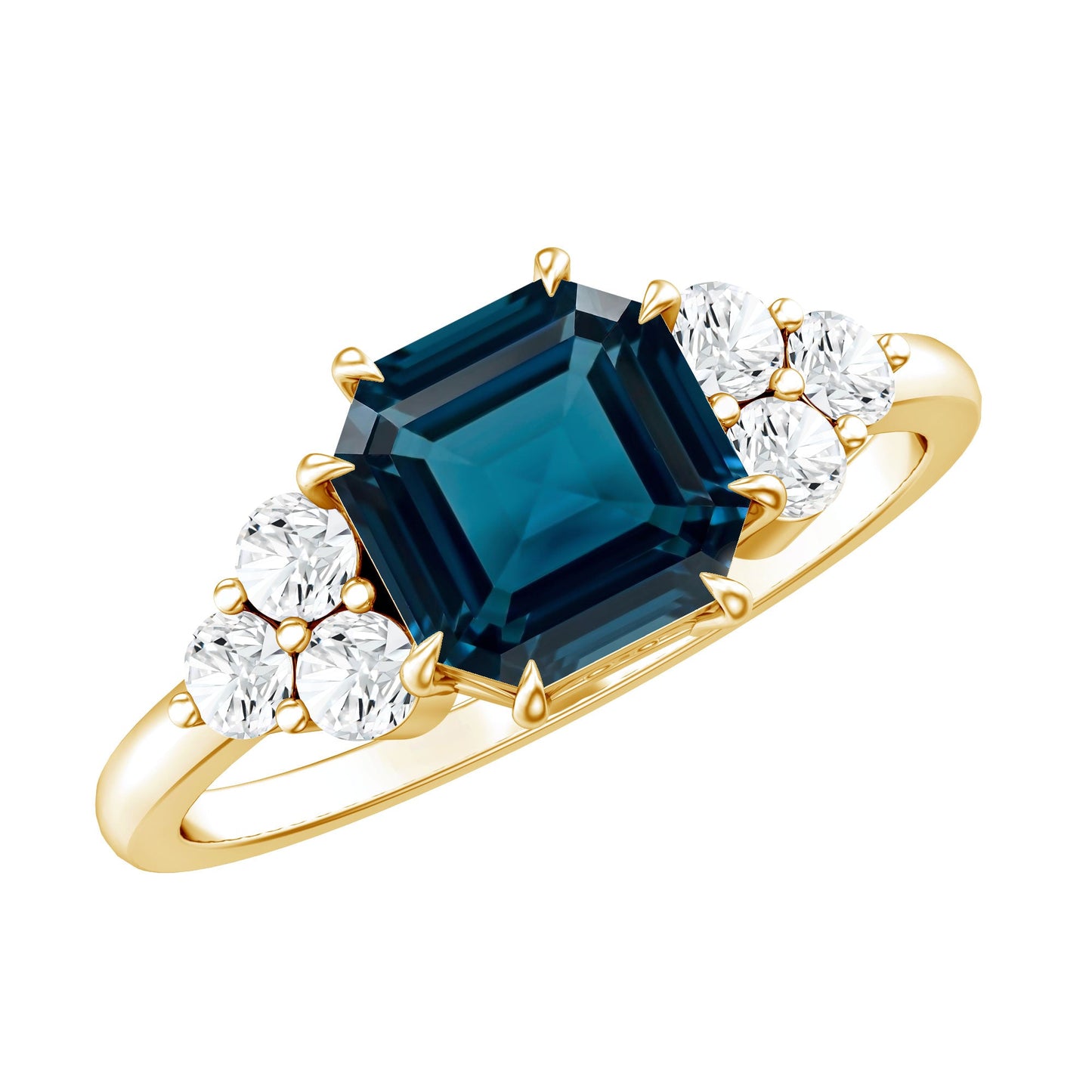 Asscher Cut London Blue Topaz Solitaire Engagement Ring with Diamond Trio