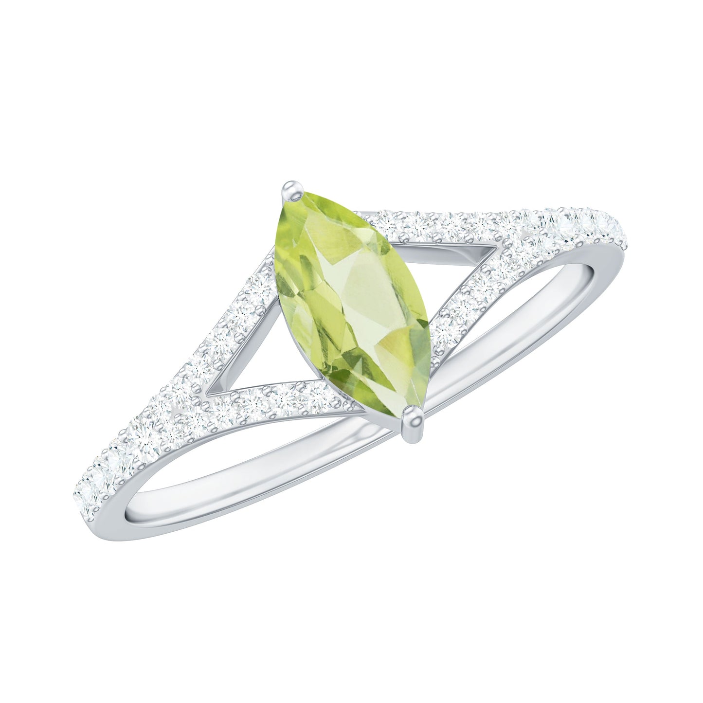 Natural 0.7 Carat Marquise Shape Peridot Promise Ring with Diamond Split Shank