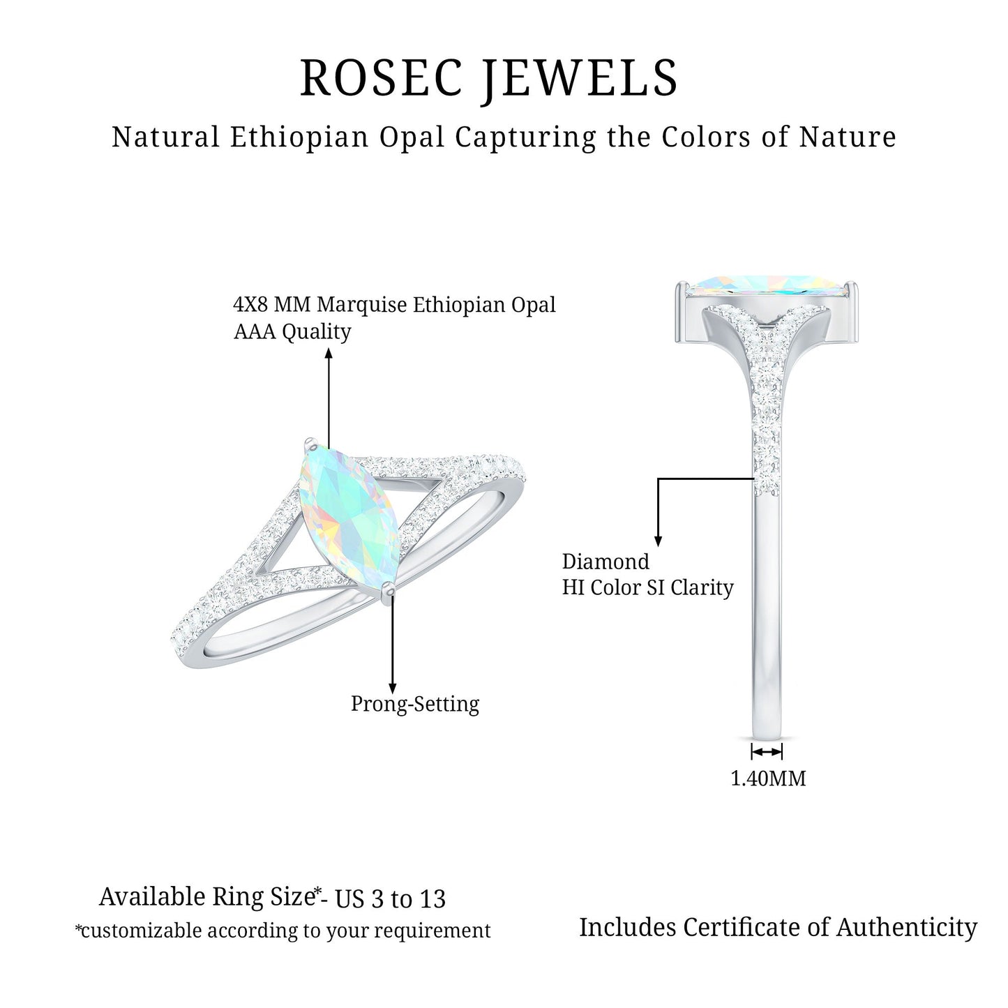 Natural Opal Marquise Engagement Ring with Diamond Split Shank