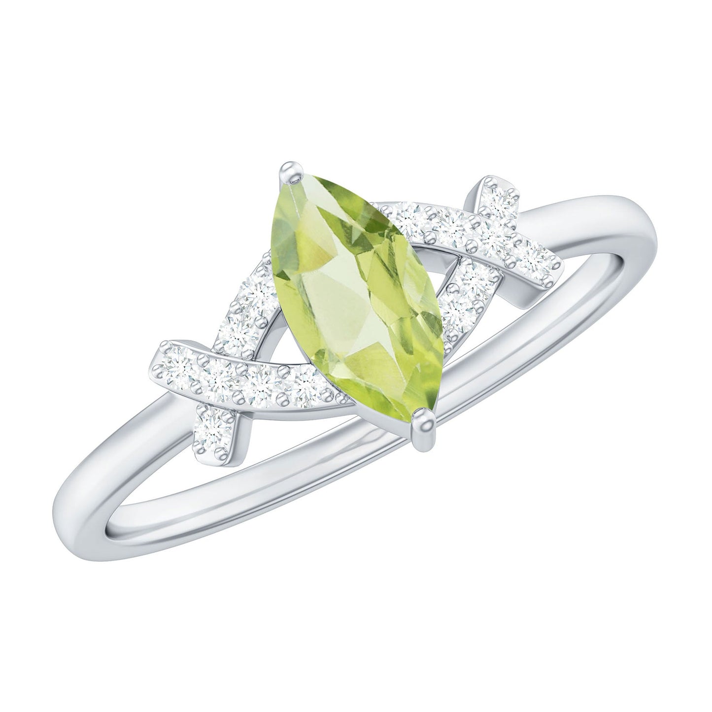 Certified Real 0.7 Carat Marquise Peridot Promise Ring with Diamond