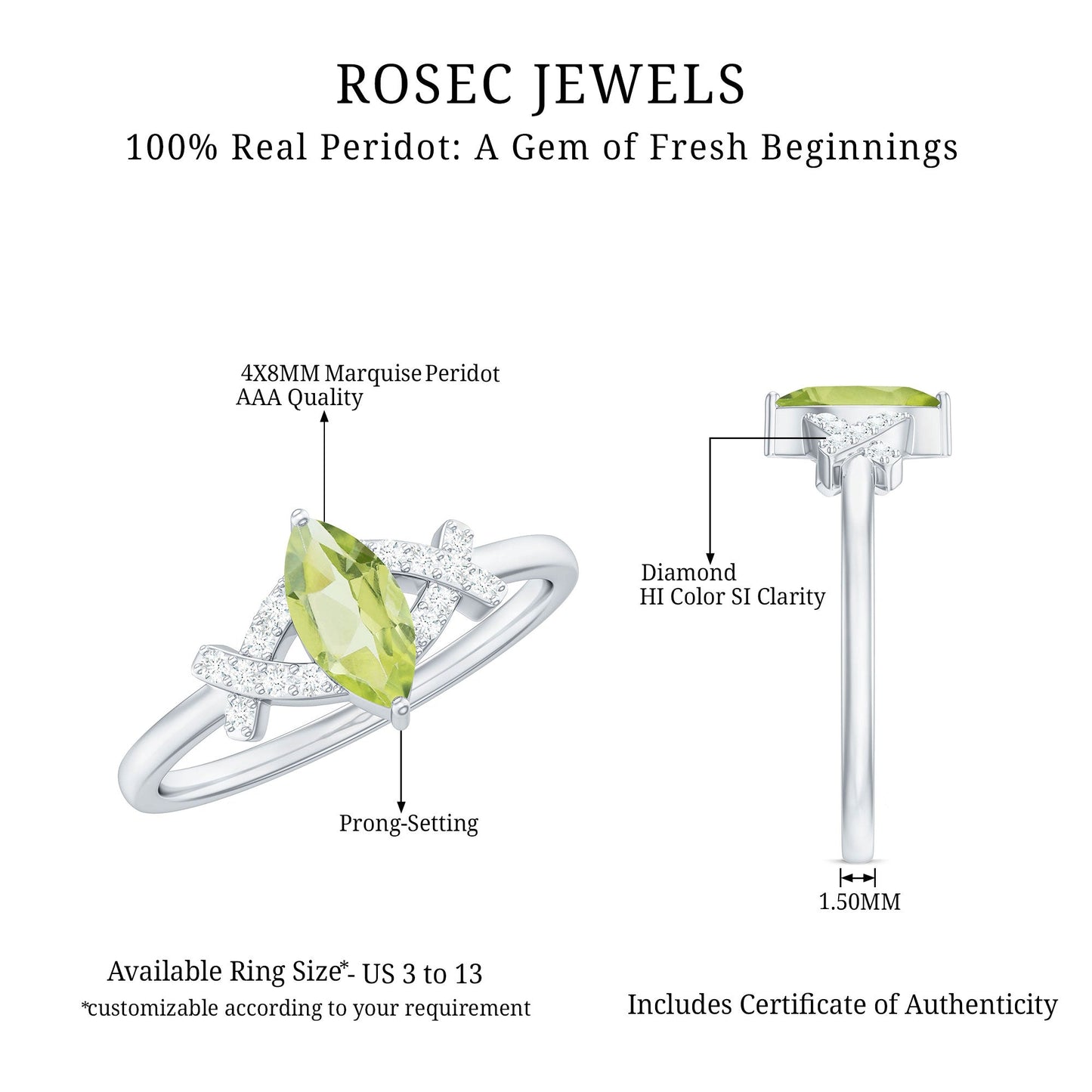 Certified Real 0.7 Carat Marquise Peridot Promise Ring with Diamond