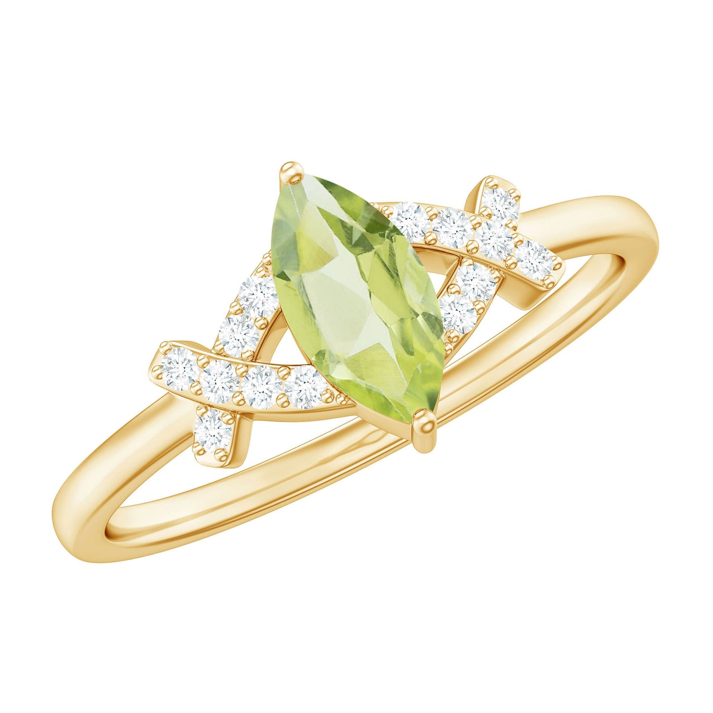 Certified Real 0.7 Carat Marquise Peridot Promise Ring with Diamond