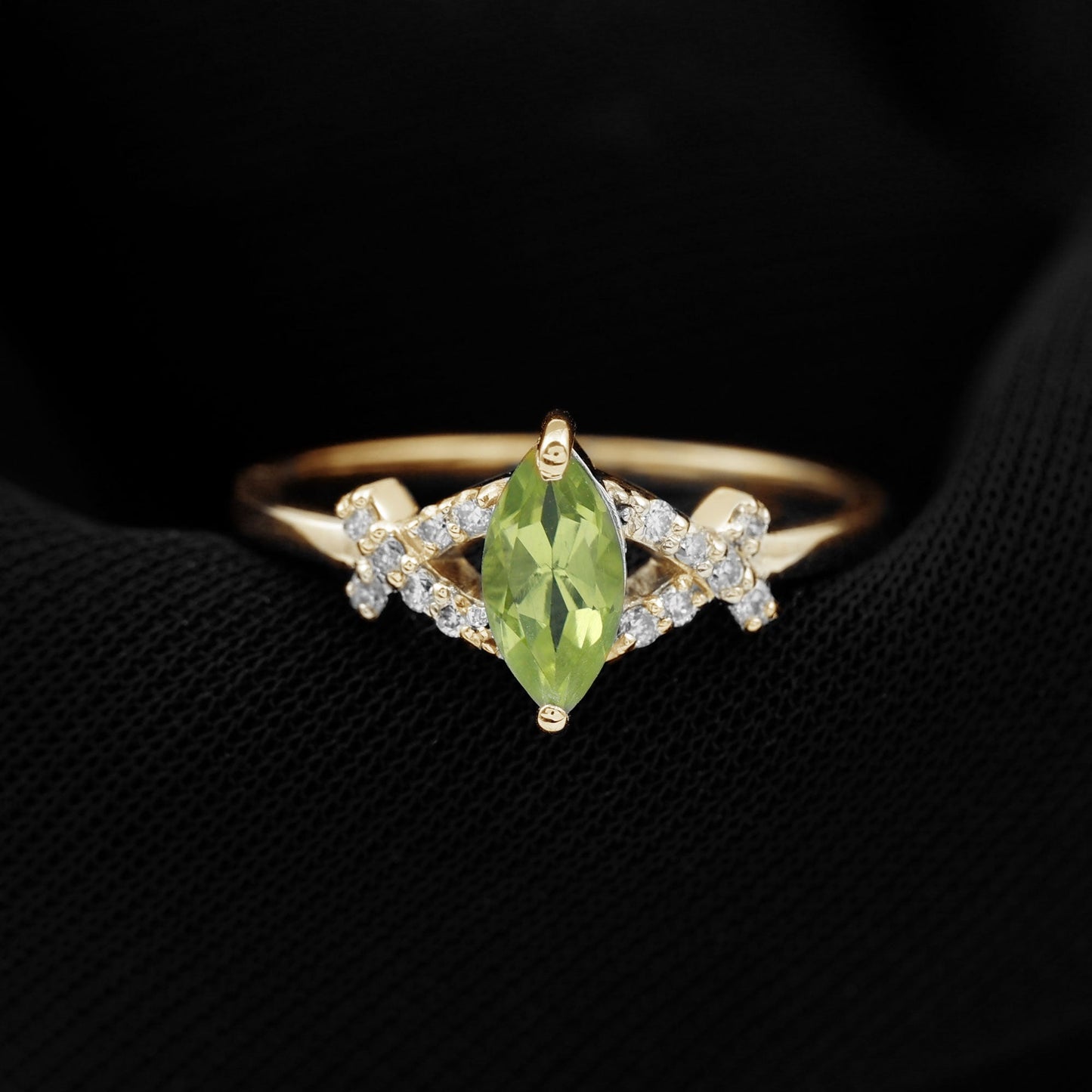 Certified Real 0.7 Carat Marquise Peridot Promise Ring with Diamond
