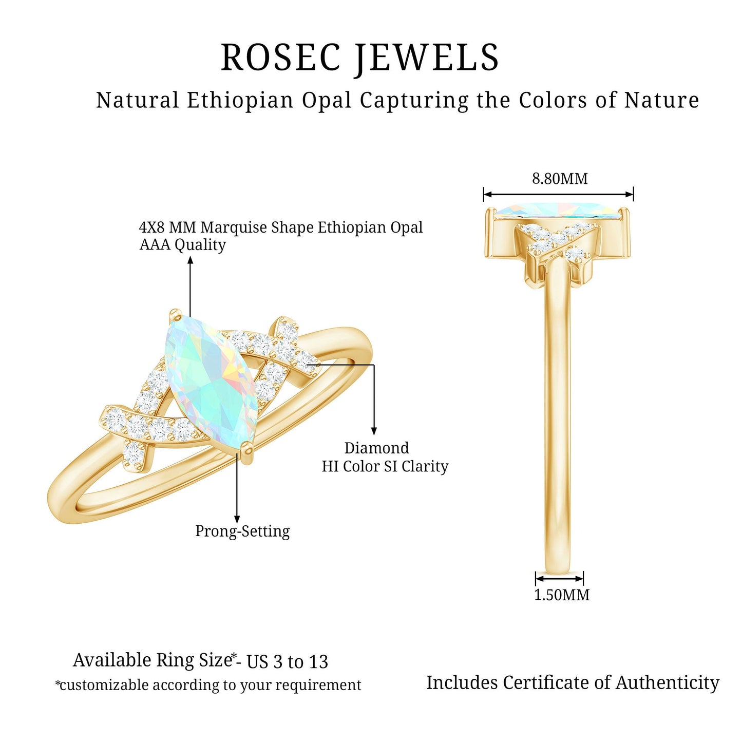 Natural Marquise Opal Diamond Engagement Ring with Certificate