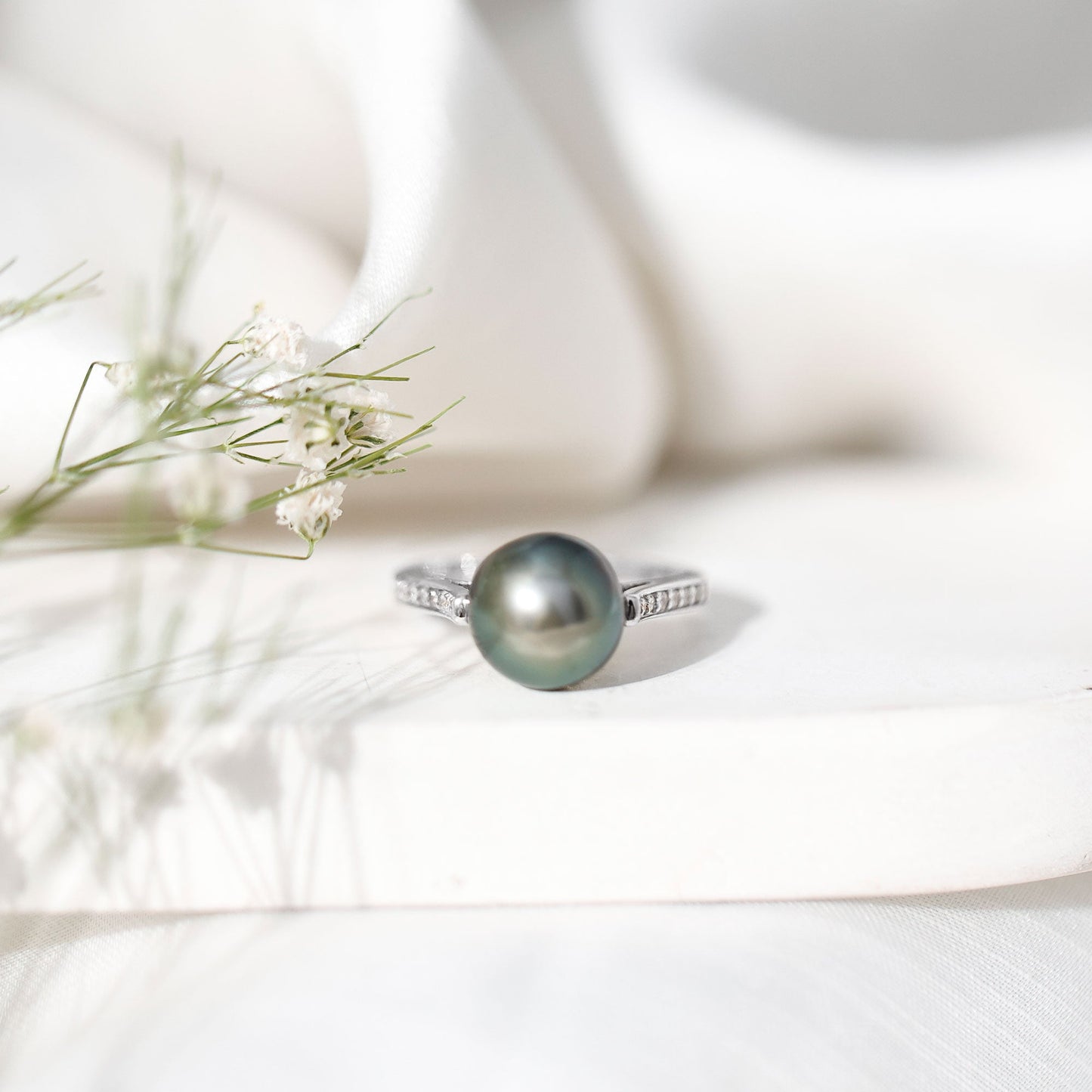 Real Tahitian Pearl Solitaire Engagement Ring with Diamond