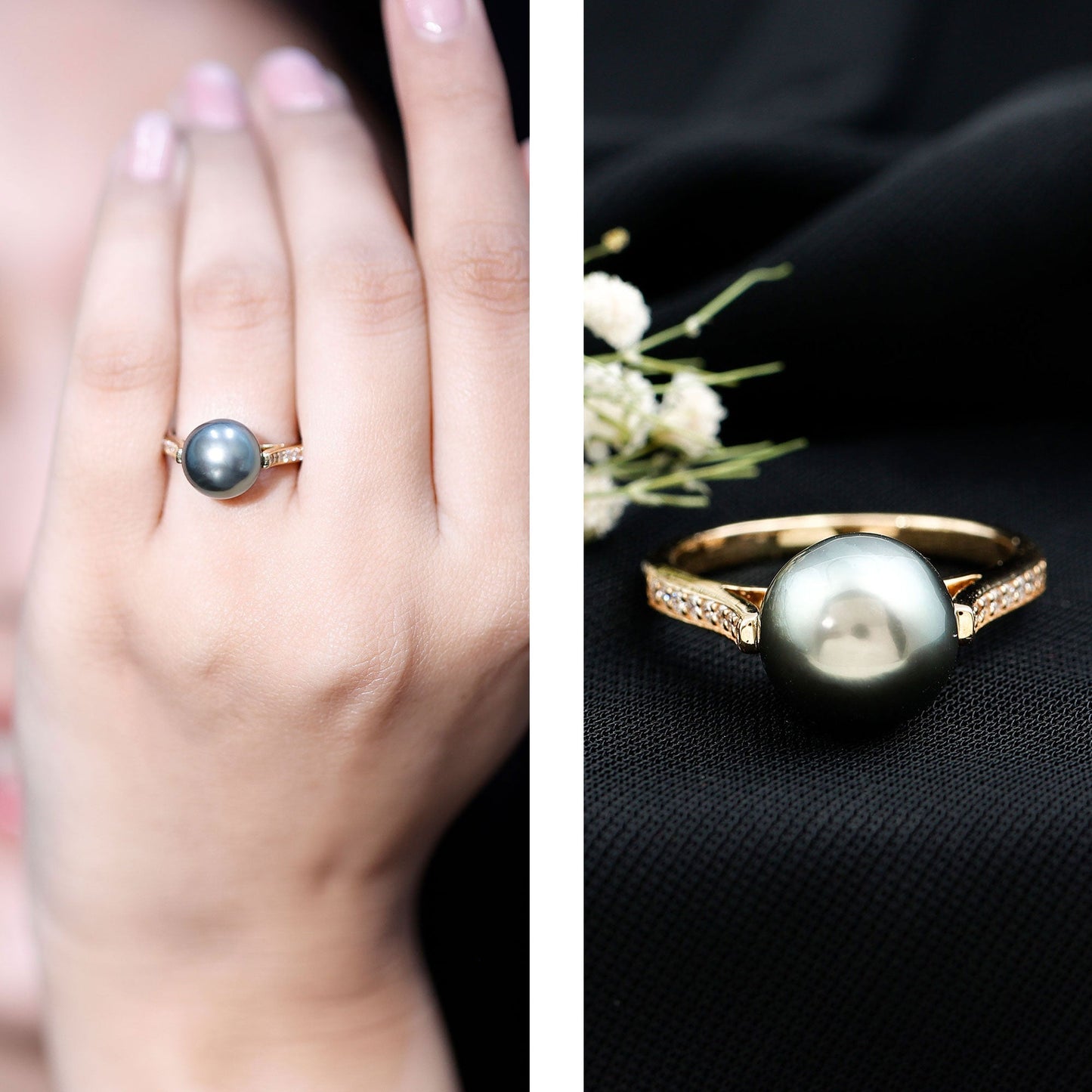 Real Tahitian Pearl Solitaire Engagement Ring with Diamond