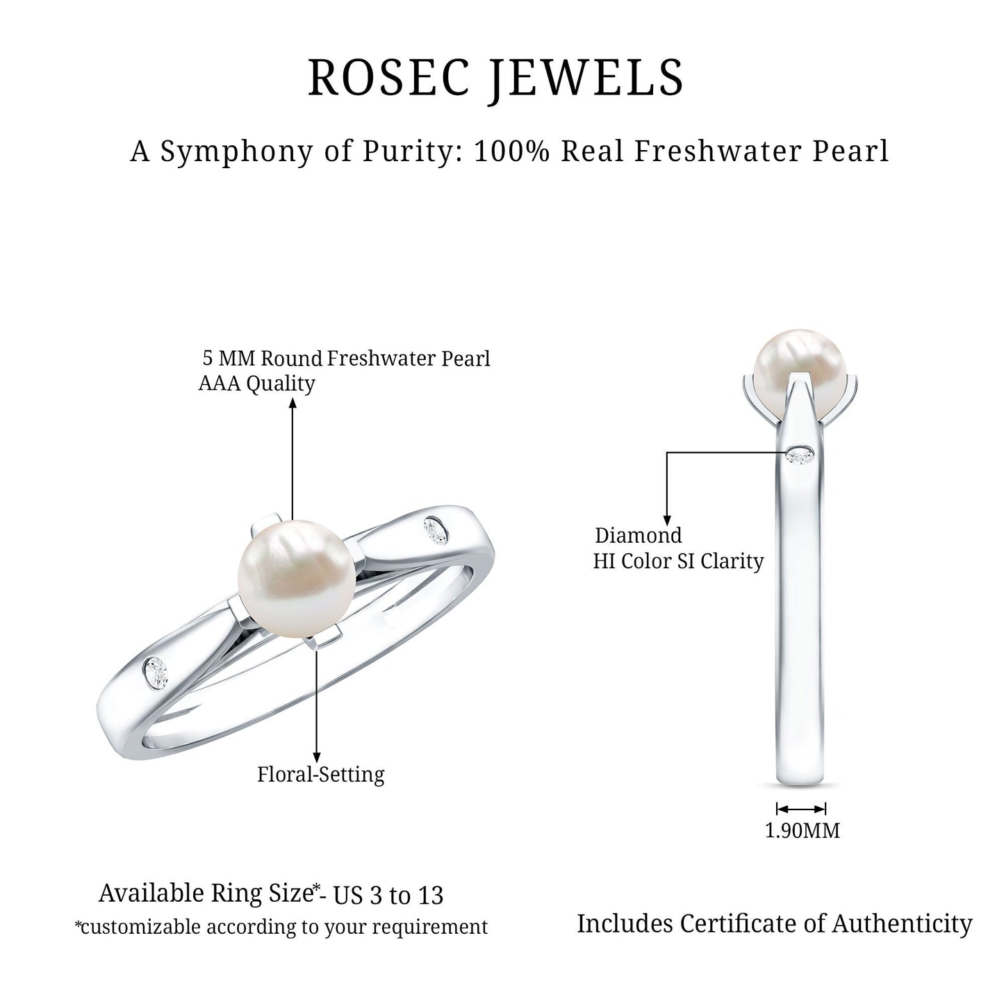 Cultured 2 Carat Freshwater Pearl Solitaire Promise Ring with Diamond
