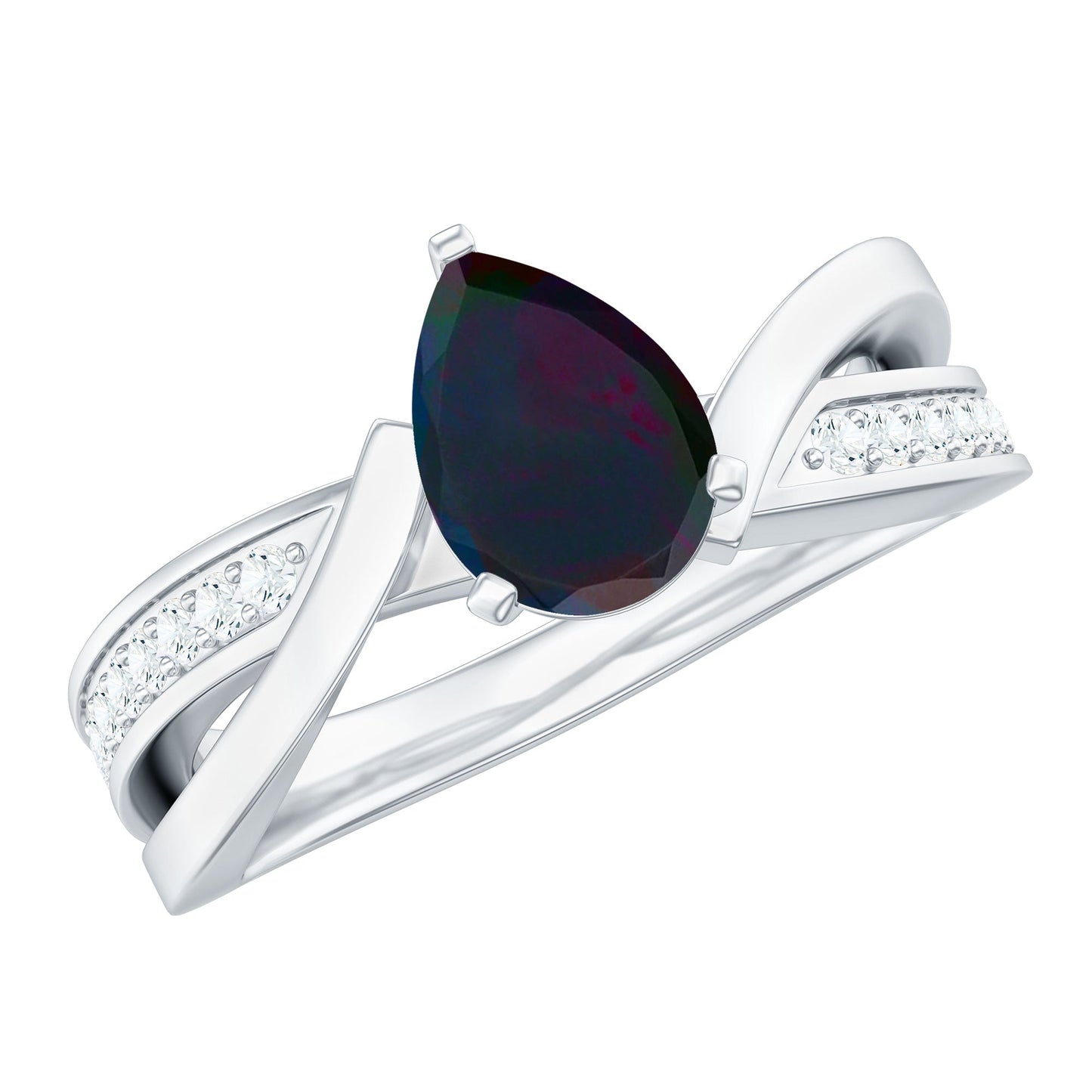 Pear Cut Solitaire Black Opal and Diamond Infinity Engagement Ring