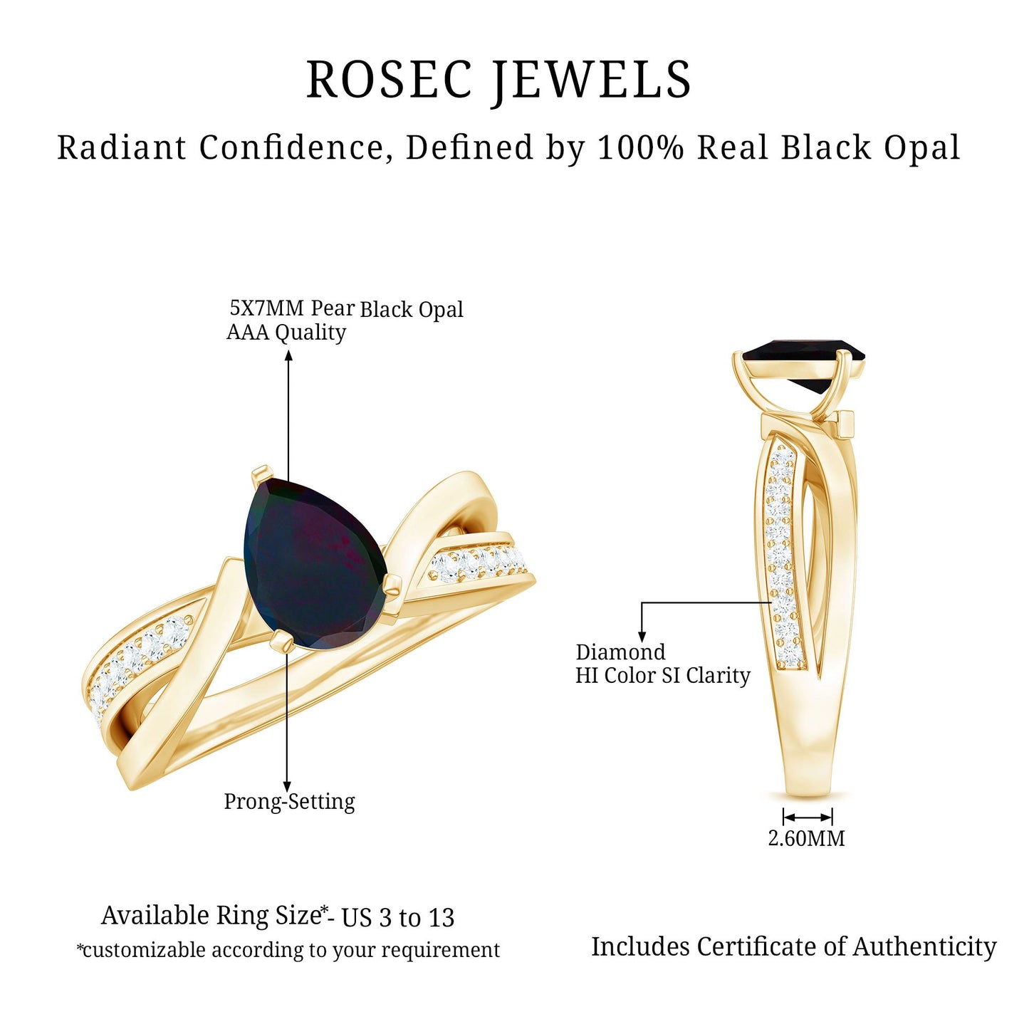 Pear Cut Solitaire Black Opal and Diamond Infinity Engagement Ring